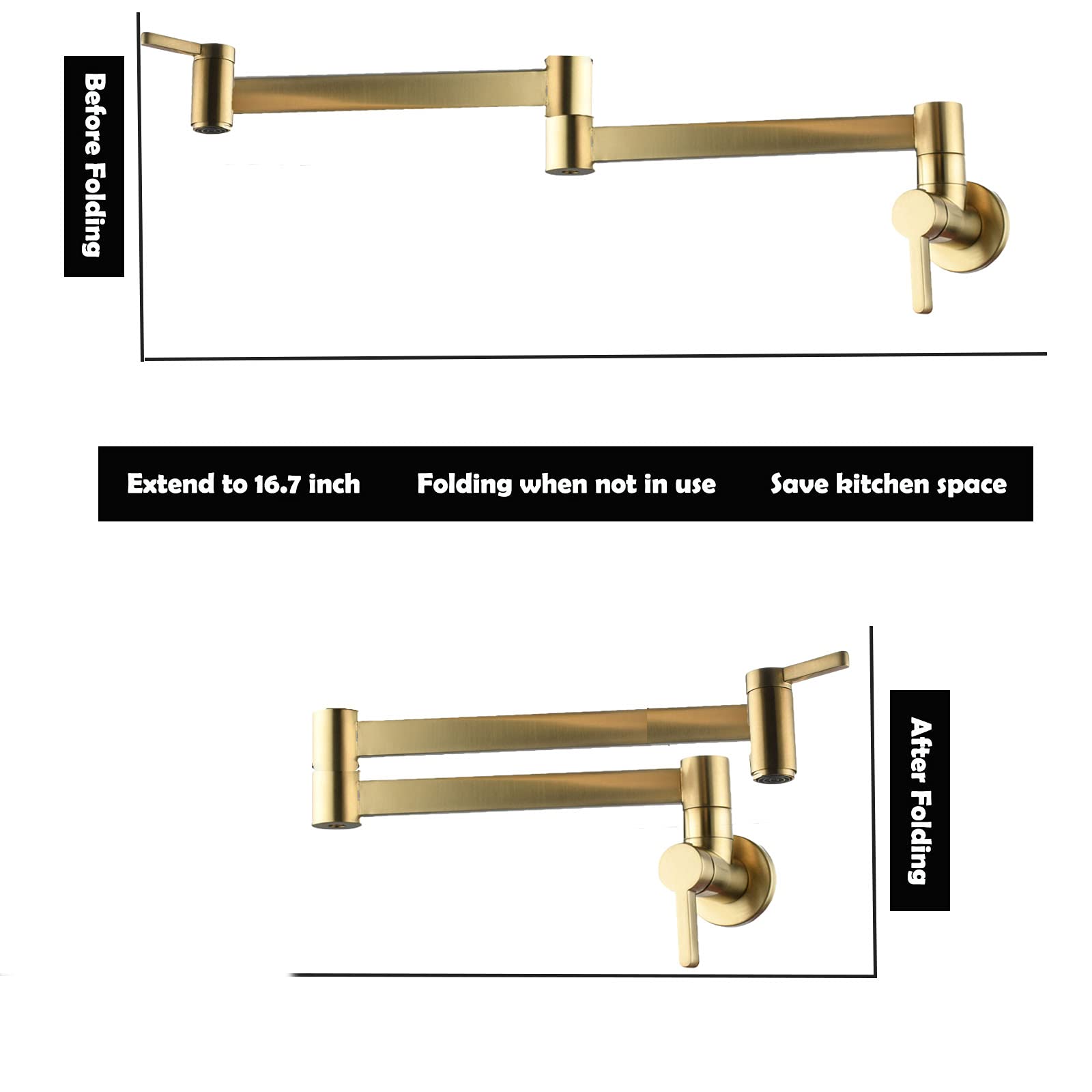 Biveah Brushed Gold Wall Mount Pot Filler Faucet - Single Hole Brass Folding Kitchen Sink Faucet (KLB011BG) - Perfect for Cooking, Filling Large Pots & Modern Kitchen Upgrades