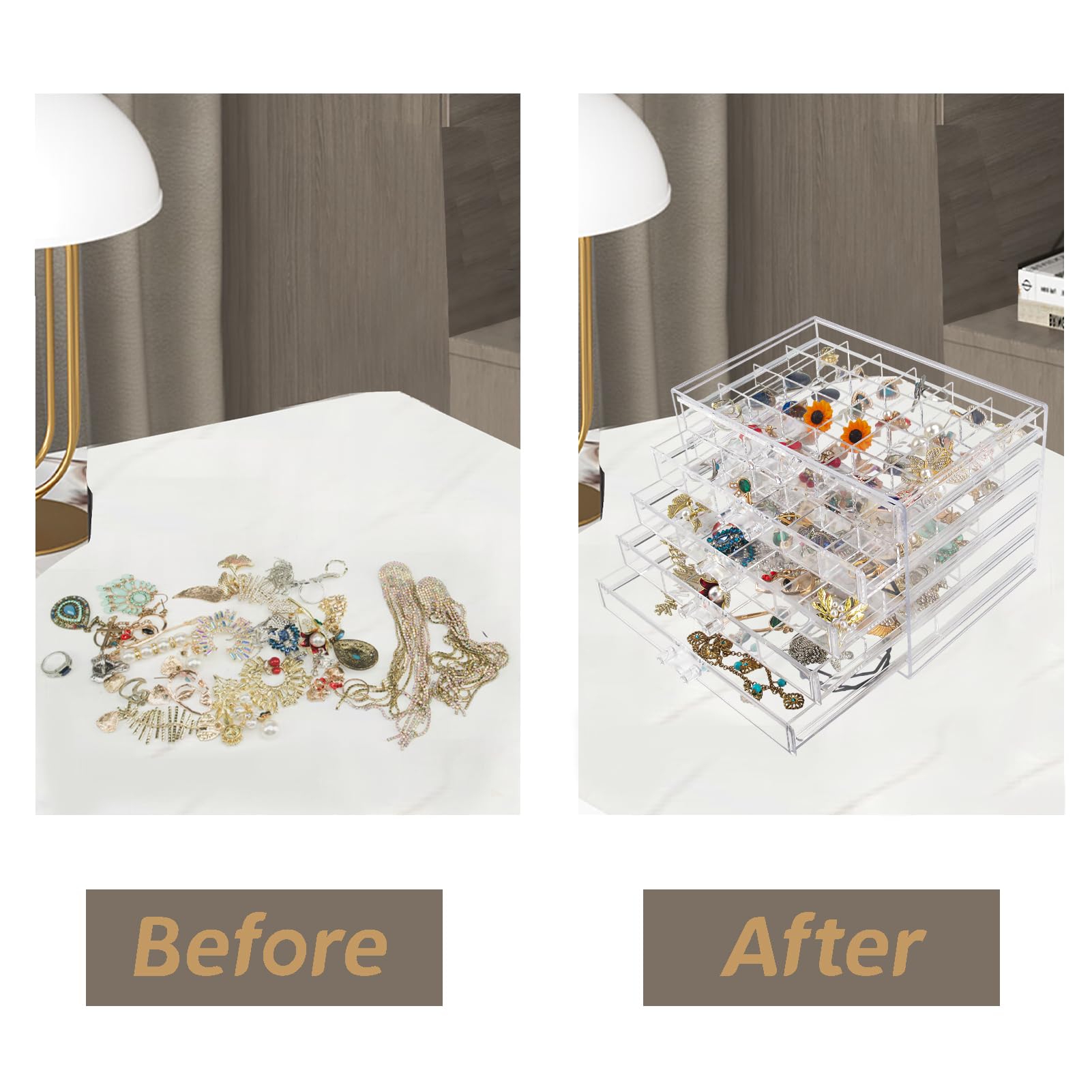 5-Drawer Acrylic Jewelry Organizer Box - Clear Jewelry Storage Case for Women, Girls & Men - Perfect for Necklaces, Rings, Earrings & Bracelets Organization at Home or Travel