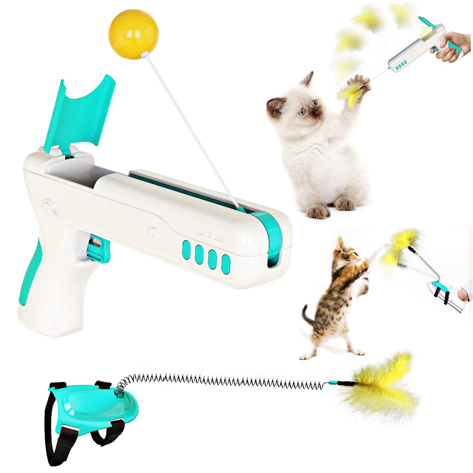Interactive Cat Toys with Feather & Catnip - Bouncing Gun & Ball for Indoor Exercise, Puzzle Play & Stress Relief - Perfect for Kittens & Adult Cats (Blue) - Great for Playtime, Training & Bonding with Your Feline Friend