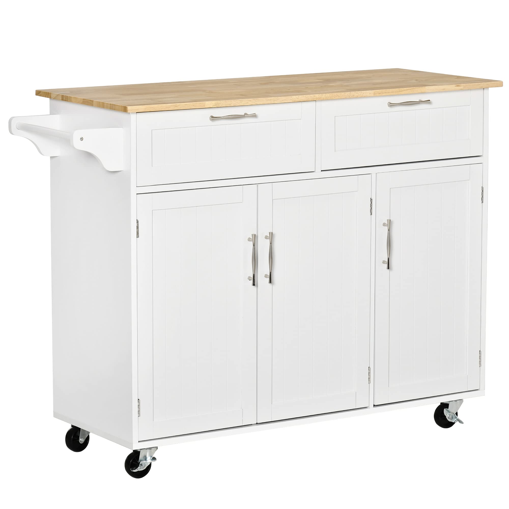 HOMCOM White Mobile Kitchen Island with Storage, Wood Top Kitchen Cart, 3-Door Cabinets, Adjustable Shelves & Towel Rack for Small Spaces, Apartments & Compact Kitchens