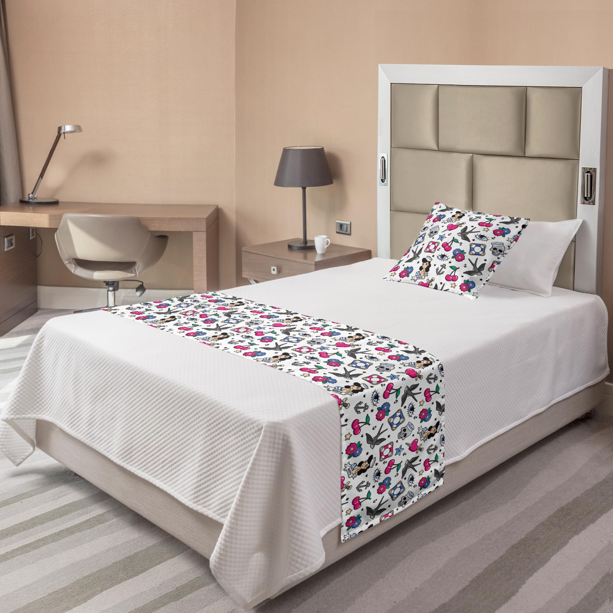 Ambesonne Colorful Bed Runner Set - Cartoon Skulls, Hearts, Flowers, Sparrows, Cherries, Eyes & Anchors Design - Decorative Bedding Scarf with Pillow Sham for Twin Beds - White & Multicolor - Perfect for Hotels, Homes & Bohemian Bedroom Decor