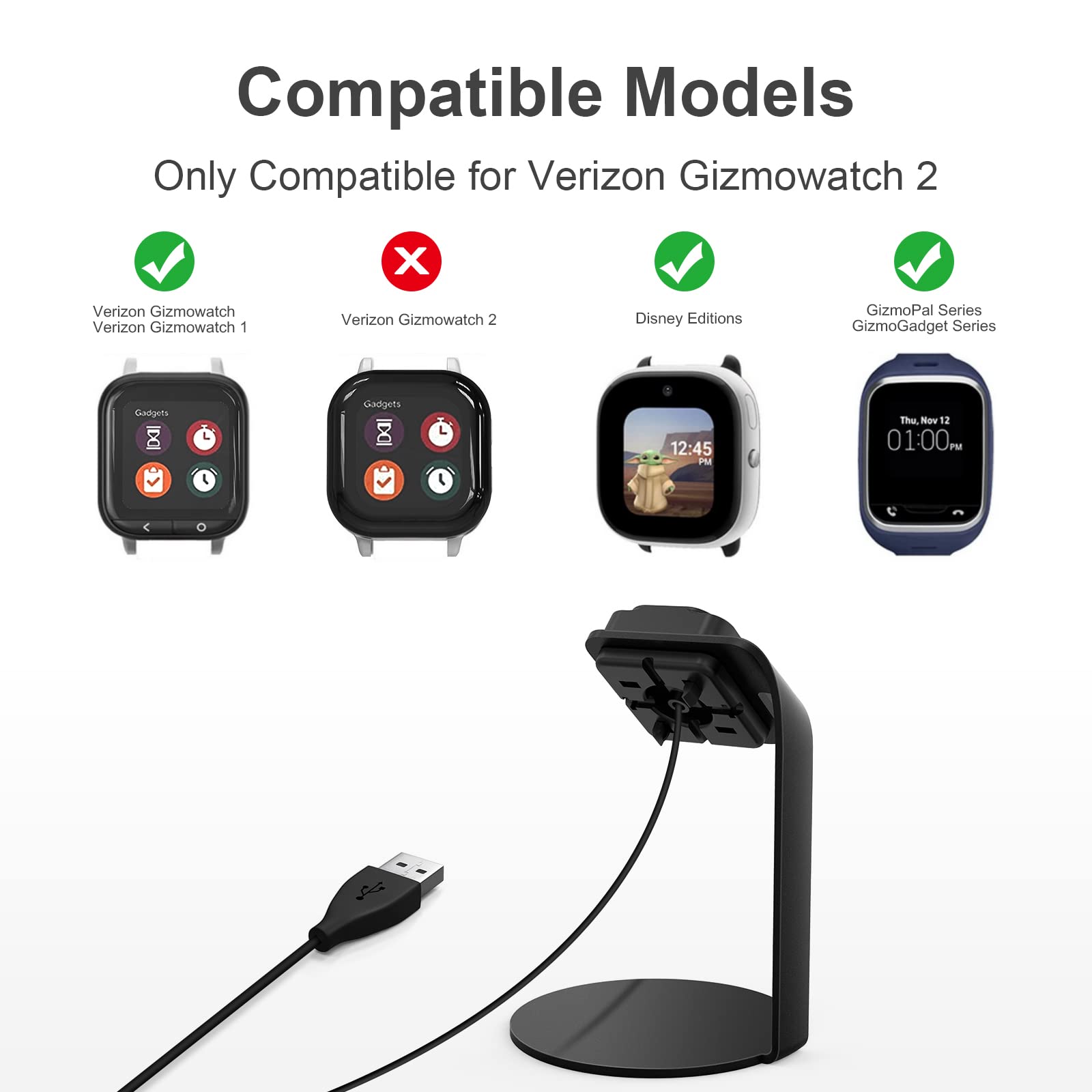 GEORDGY Magnetic Charger Dock for Verizon Gizmo Watch 2/1 - 3.3ft USB Charging Cable | Portable Charging Station Stand | Perfect for Kids' Smartwatch Night Charging & Travel Accessories