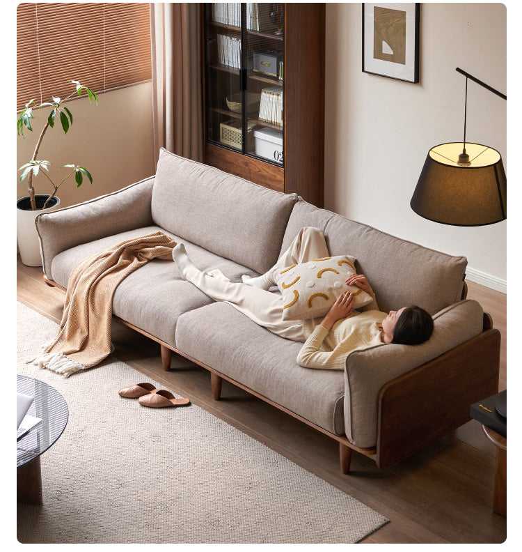 Oak Solid Wood Leather & Fabric Straight Sofa - Durable Modern Living Room Furniture for Home & Office