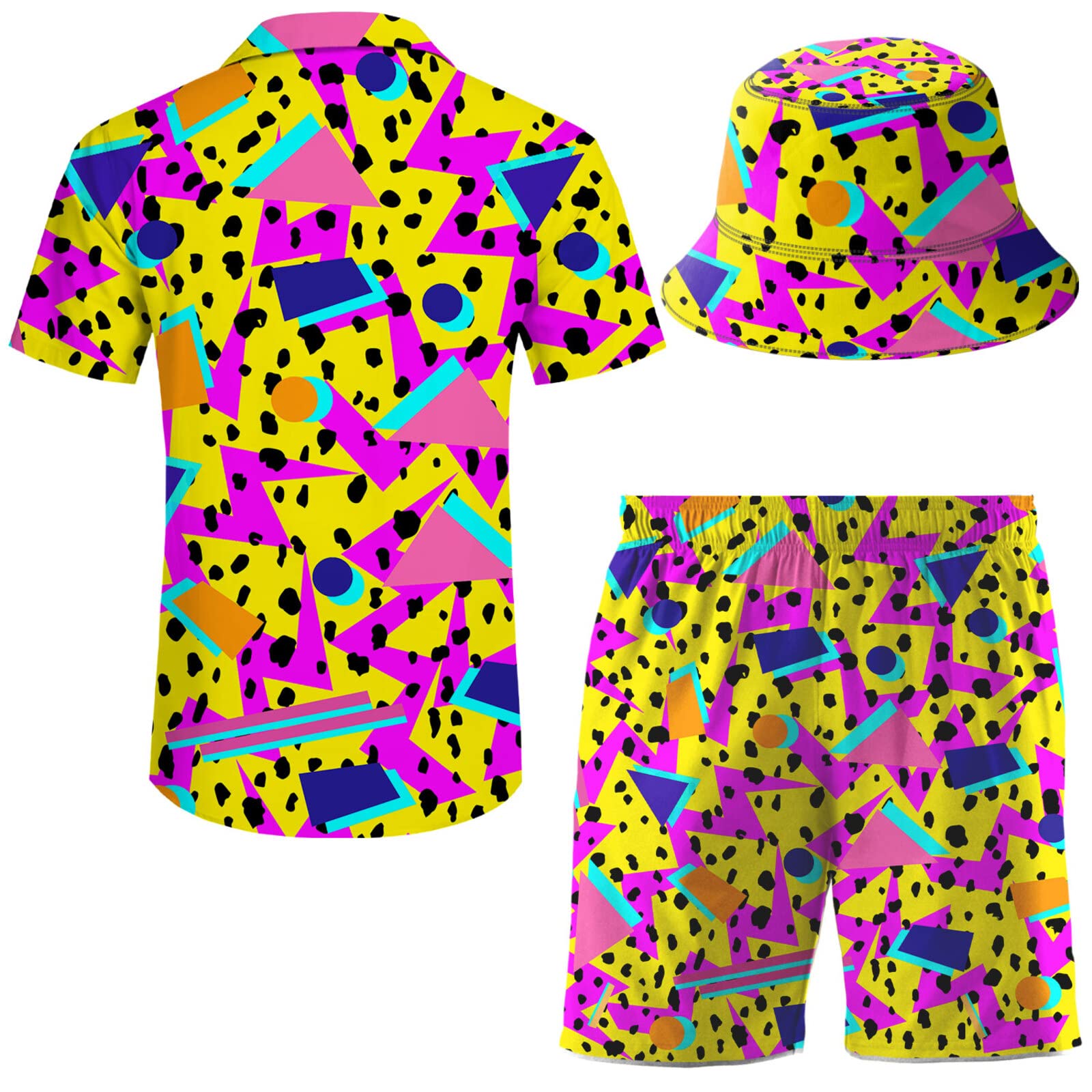 Men's 2-Piece Hawaiian Print Tracksuit Set - Button Down Shirt & Matching Shorts with Free Bucket Hat | Summer Beach Outfit, Vacation Wear & Casual Street Style