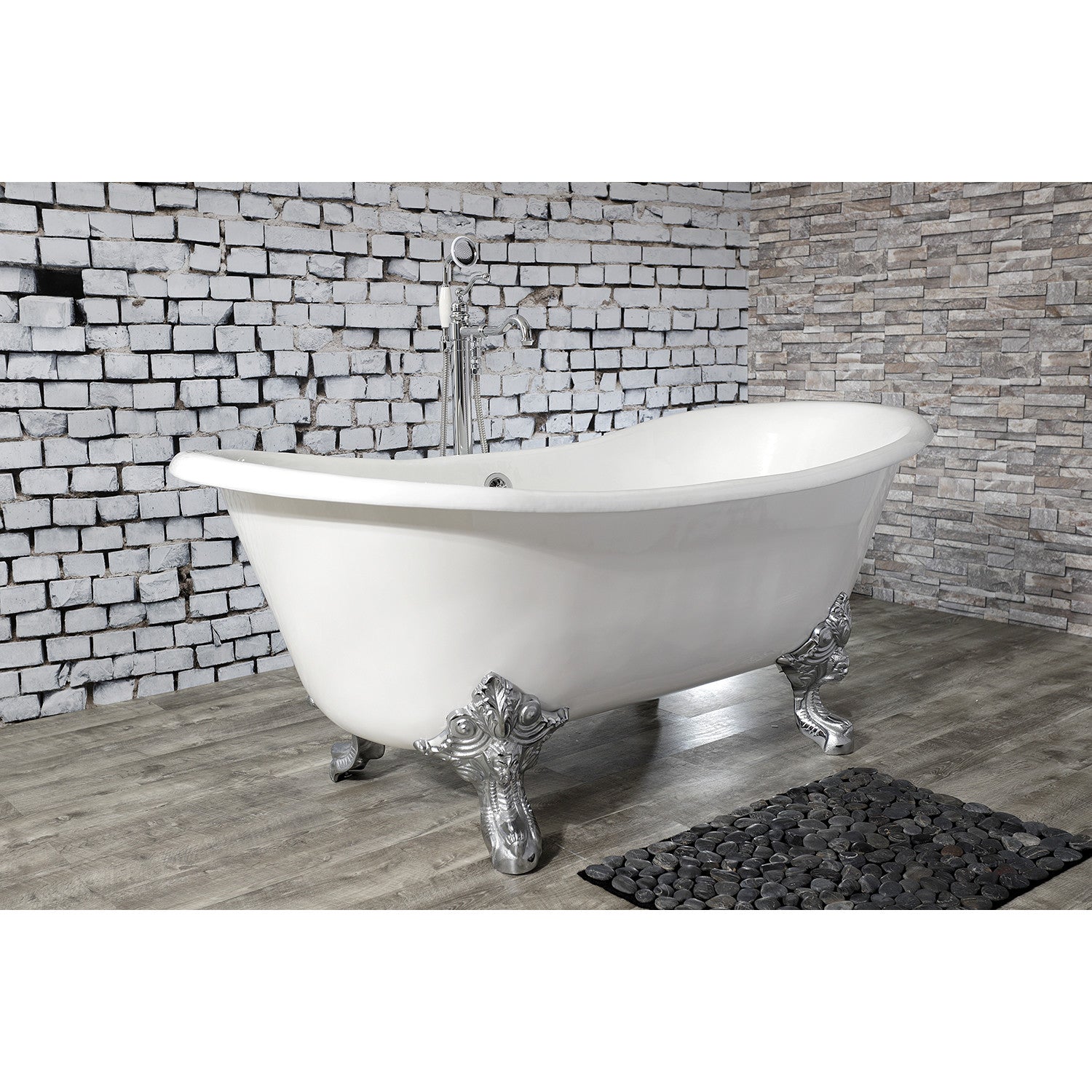 Aqua Eden 67 Inch White Cast Iron Clawfoot Bathtub - Vintage Oval Double Slipper Tub with Polished Chrome Feet (No Faucet Holes) | Freestanding Soaking Tub for Luxury Bathroom & Spa Relaxation