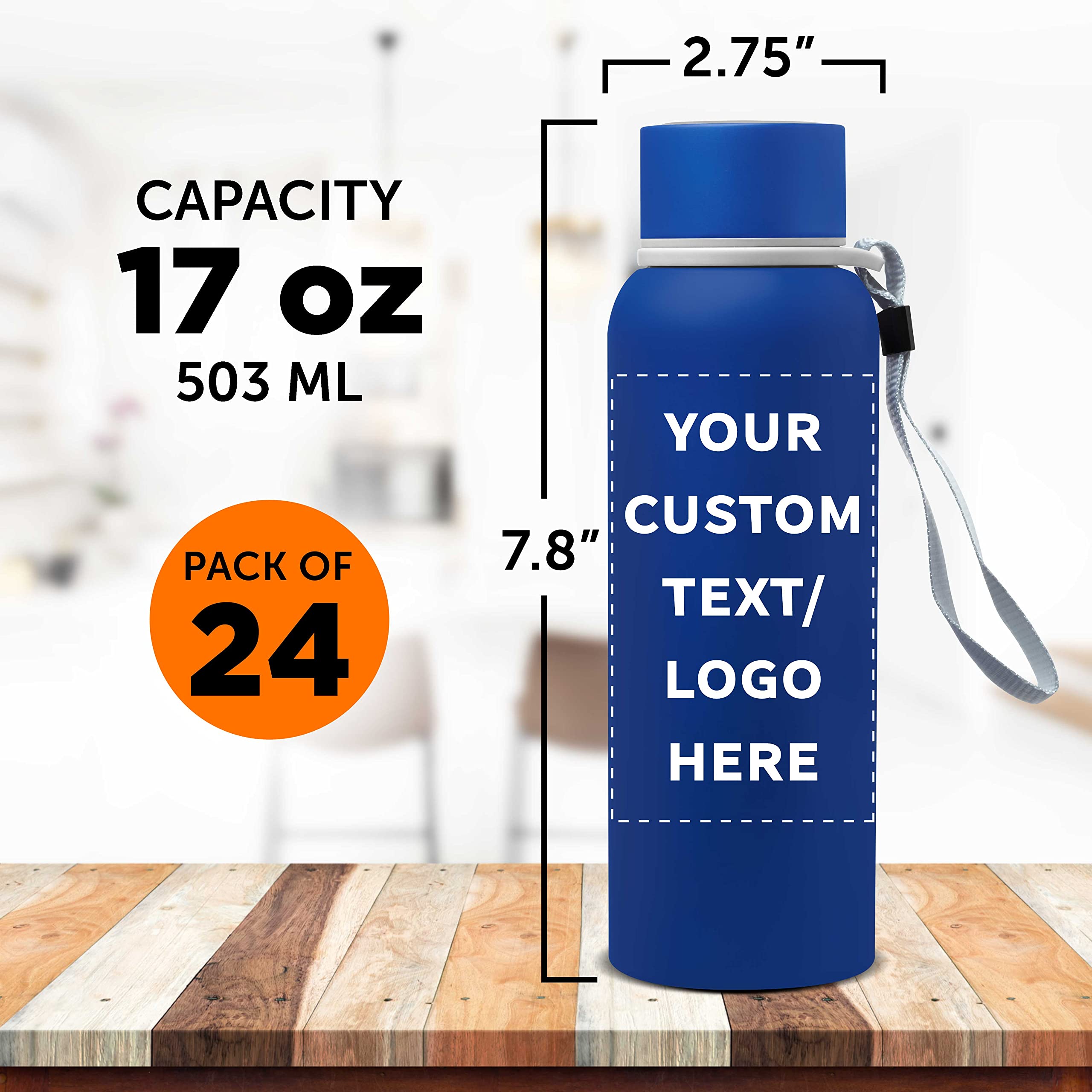 Custom Personalized 17 oz Ransom Water Bottles with Strap - Bulk Pack of 24 - Promotional Giveaways for Events, Business Branding & Corporate Gifts - Perfect for Trade Shows, Team Building & Employee Appreciation - Blue