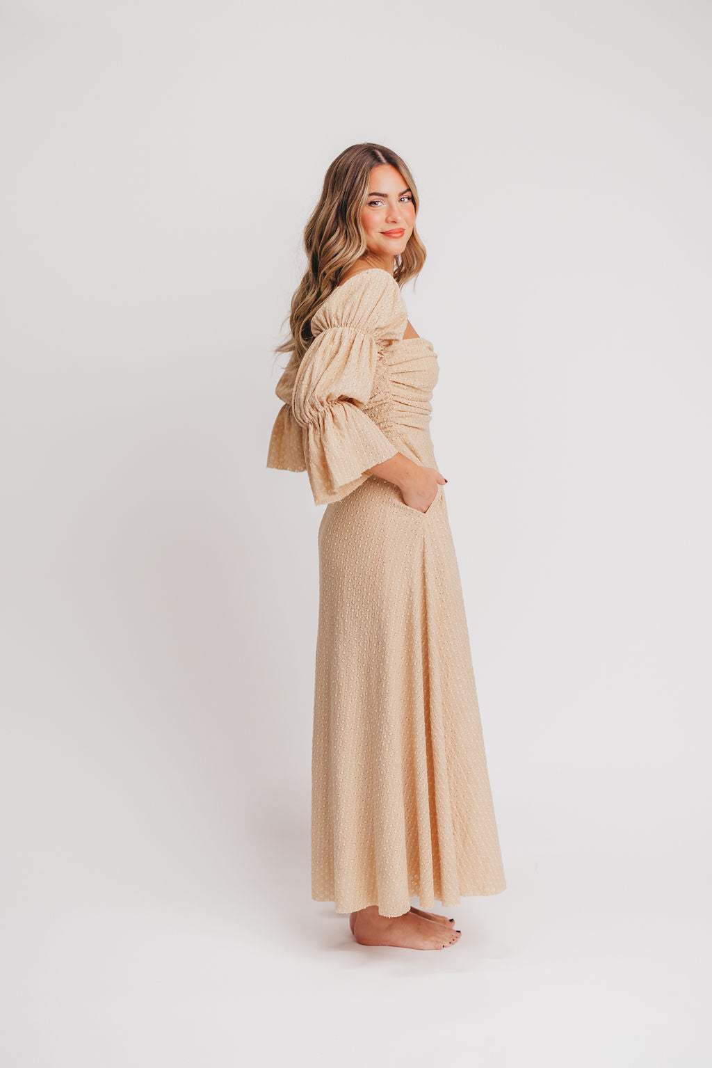 Corrine Tiered Sleeve Maxi Dress with Pockets - Bump Friendly Maternity Dress in Beige | Perfect for Pregnancy, Nursing, and Special Occasions