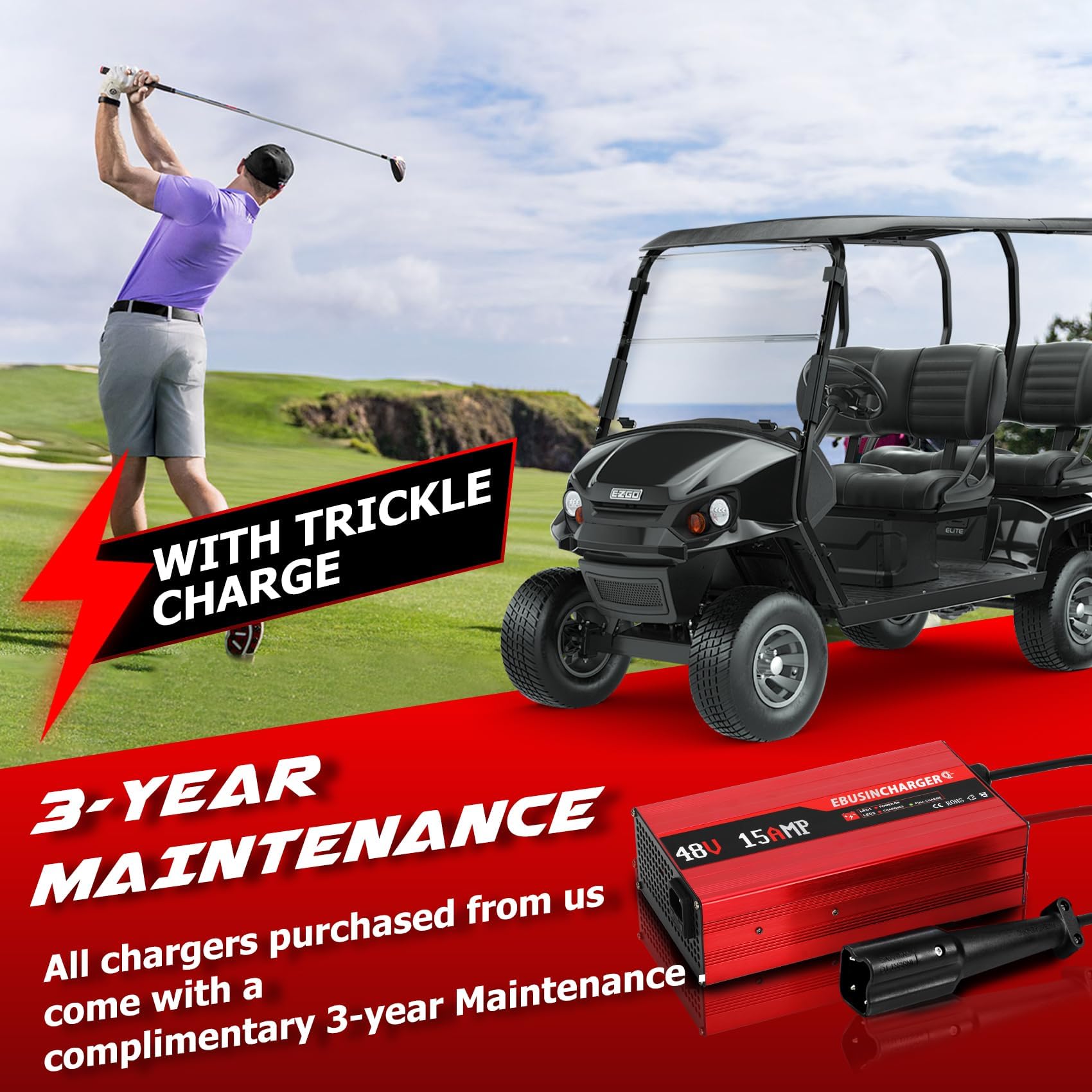 48V 15A Golf Cart Battery Charger for Yamaha G29 Drive & Drive 2 - Smart Charger with Trickle Charge & 3-Pin Leaf Plug - Fast 6-8 Hour Full Charge - Perfect for Home, Golf Course & RV Use