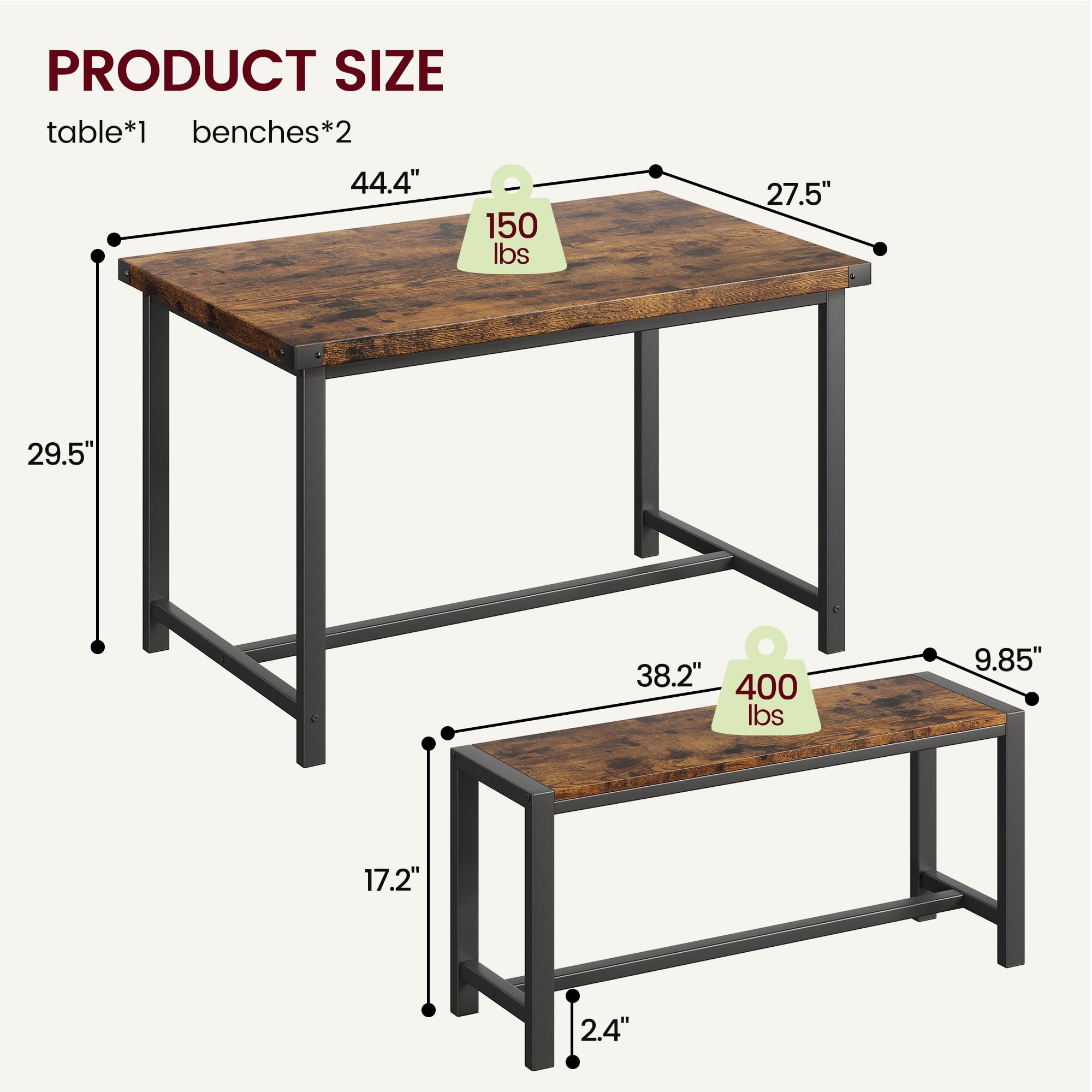 IDEALHOUSE 4-Piece Retro Brown Dining Table Set with 2 Metal Wood Benches - Space Saving Kitchen & Apartment Furniture for Small Spaces, Dinettes & Compact Dining Rooms | Perfect for Breakfast Nooks, Studio Apartments & Cozy Family Meals