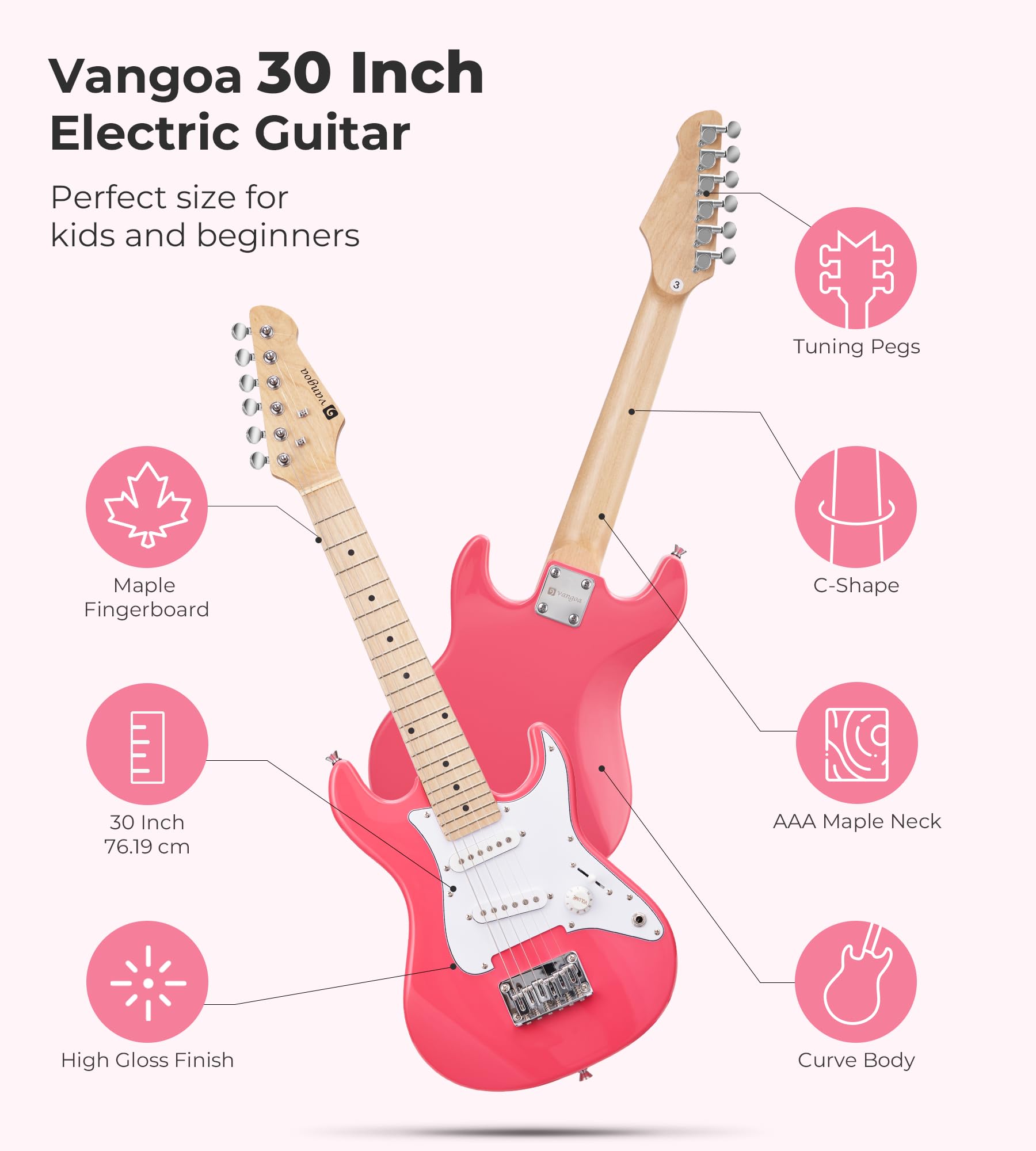 Vangoa 30 Inch Kids Electric Guitar Beginner Kit with Amp, Bag, Strap & Accessories - Perfect for Boys & Girls Learning to Play (Pink) | Ideal for Home Practice, Music Lessons & Rockstar Performances
