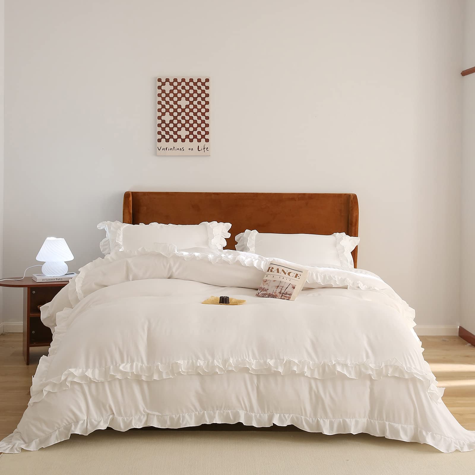 Boho White Ruffle Duvet Cover Set - King Size 3pc Farmhouse Bedding for Cozy Bedroom