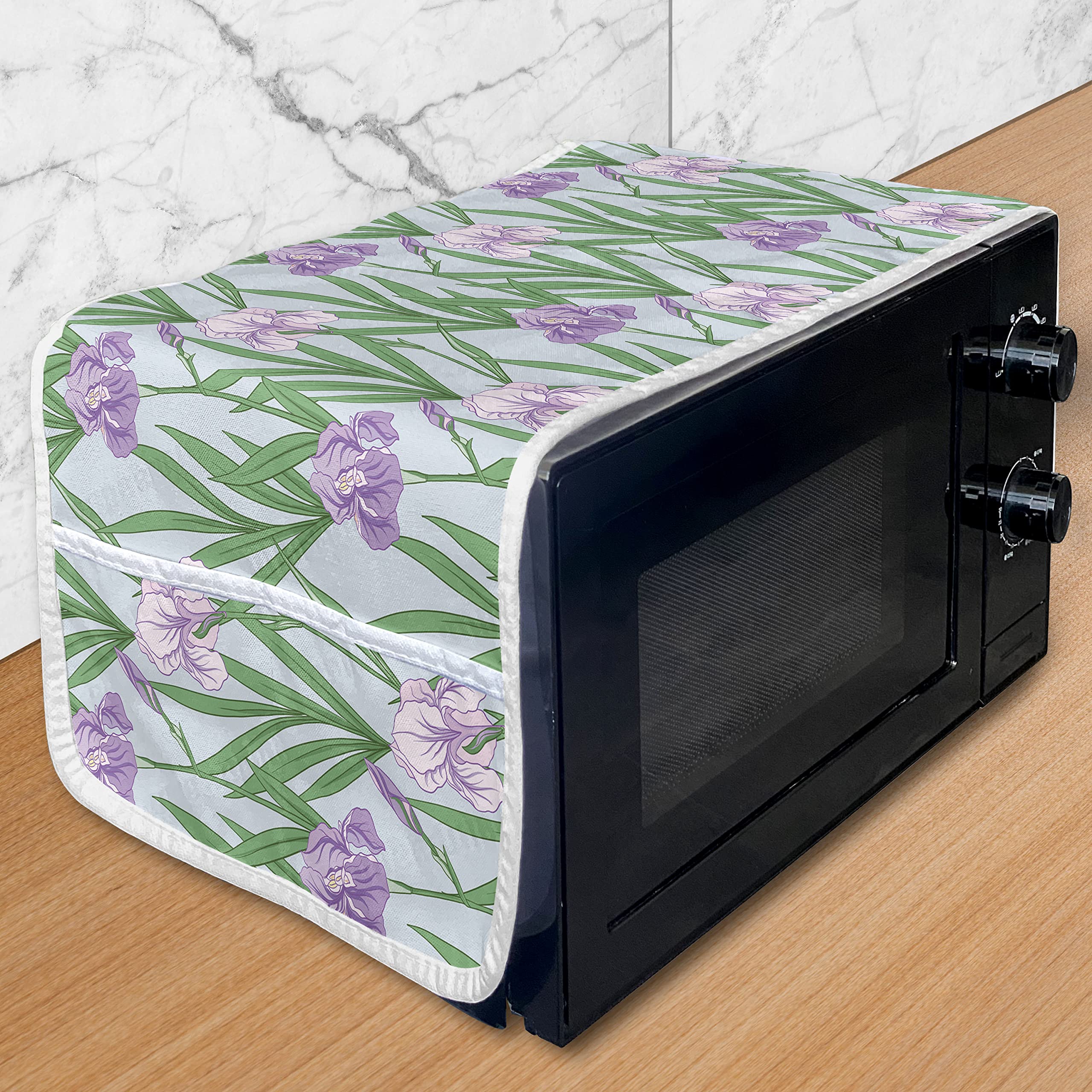 Ambesonne Floral Microwave Cover - Japanese Style Purple Iris & Green Leaves Botanical Design, Waterproof Kitchen Organizer with Pockets, 36