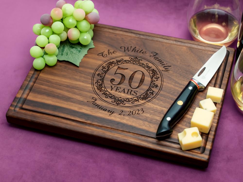 Personalized Wood Cutting Board - Handmade Engraved Charcuterie Board - Custom Wedding & Anniversary Gift for Couples - Elegant Round Design No.011 - Perfect for Cheese Platters, Charcuterie Displays & Family Gatherings