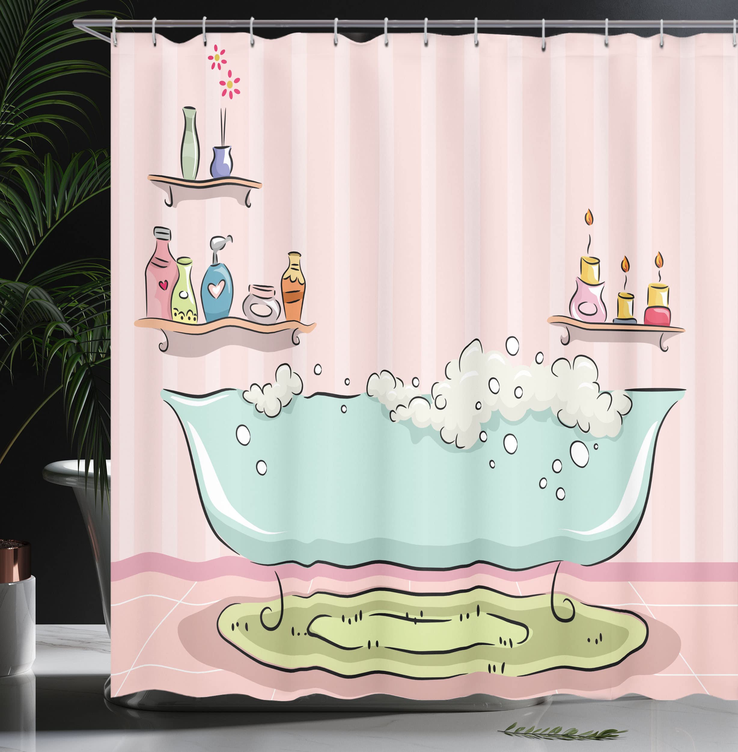 Ambesonne Feminine Shower Curtain - Pink & Blue Bathtub with Bubbles Illustration, Aromatherapy Bathroom Decor Set with Hooks, 69x70 Inches, Soft Cloth Fabric | Perfect for Spa-Like Bathrooms, Girls' Room Decor & Relaxing Aromatherapy Sessions