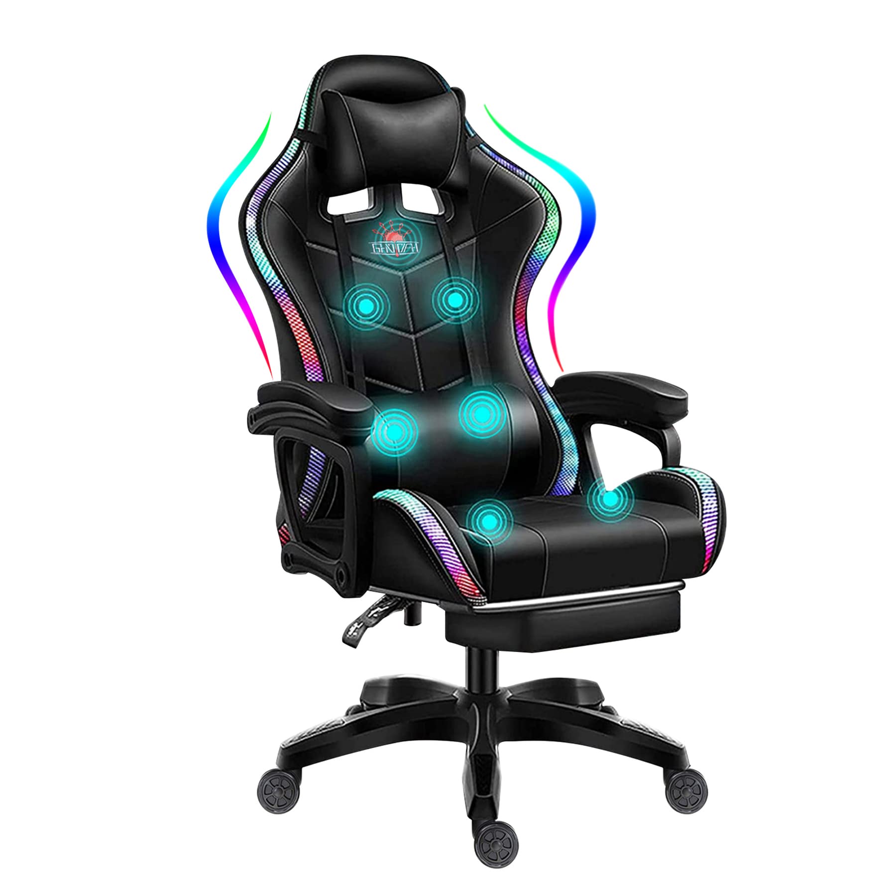 Premium Ergonomic Gaming Chair with Built-in Speakers & RGB LED Lights - PU Leather Racing Office Computer Chair with Lumbar Support & Headrest - Swivel Recliner for Esports, Streaming & Home Office (Black)