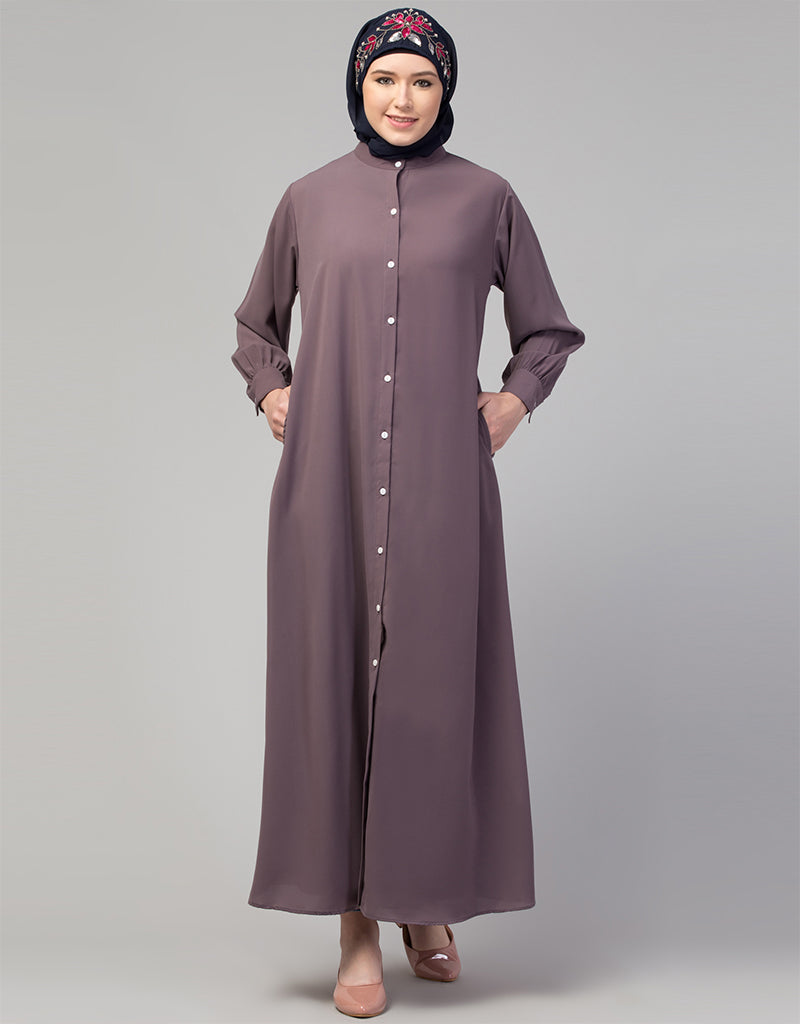 Elegant Arabic Abaya Dress with Front Open Design & Cuffs - Stylish Plum Color for Women | Perfect for Prayer, Mosque & Modest Fashion Occasions