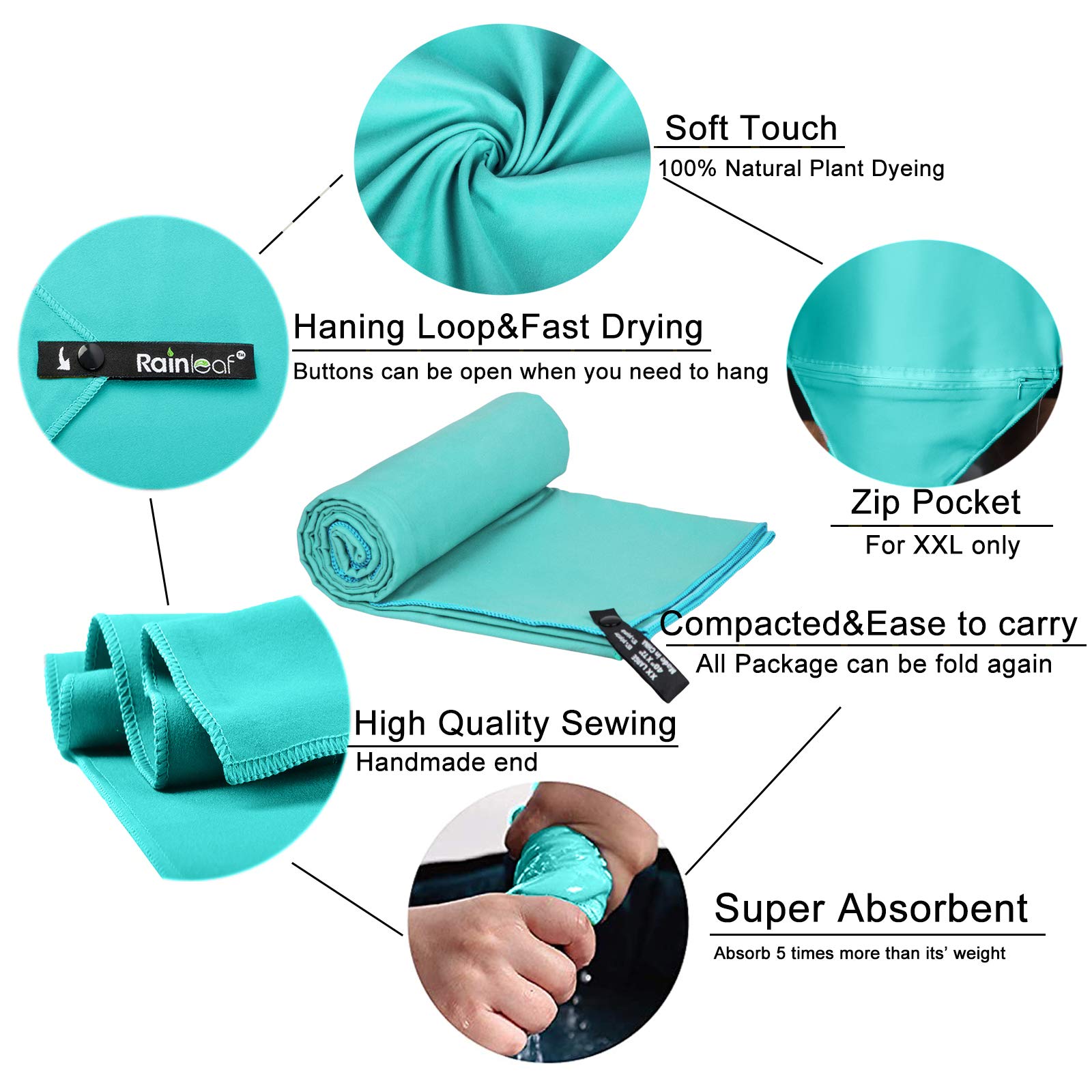 Rainleaf Microfiber Towel - Quick Dry, Super Absorbent, Ultra Compact & Lightweight - Perfect for Travel, Gym, Camping, Beach, Shower & Pool - Ideal for Backpacking, Sports & Outdoor Adventures