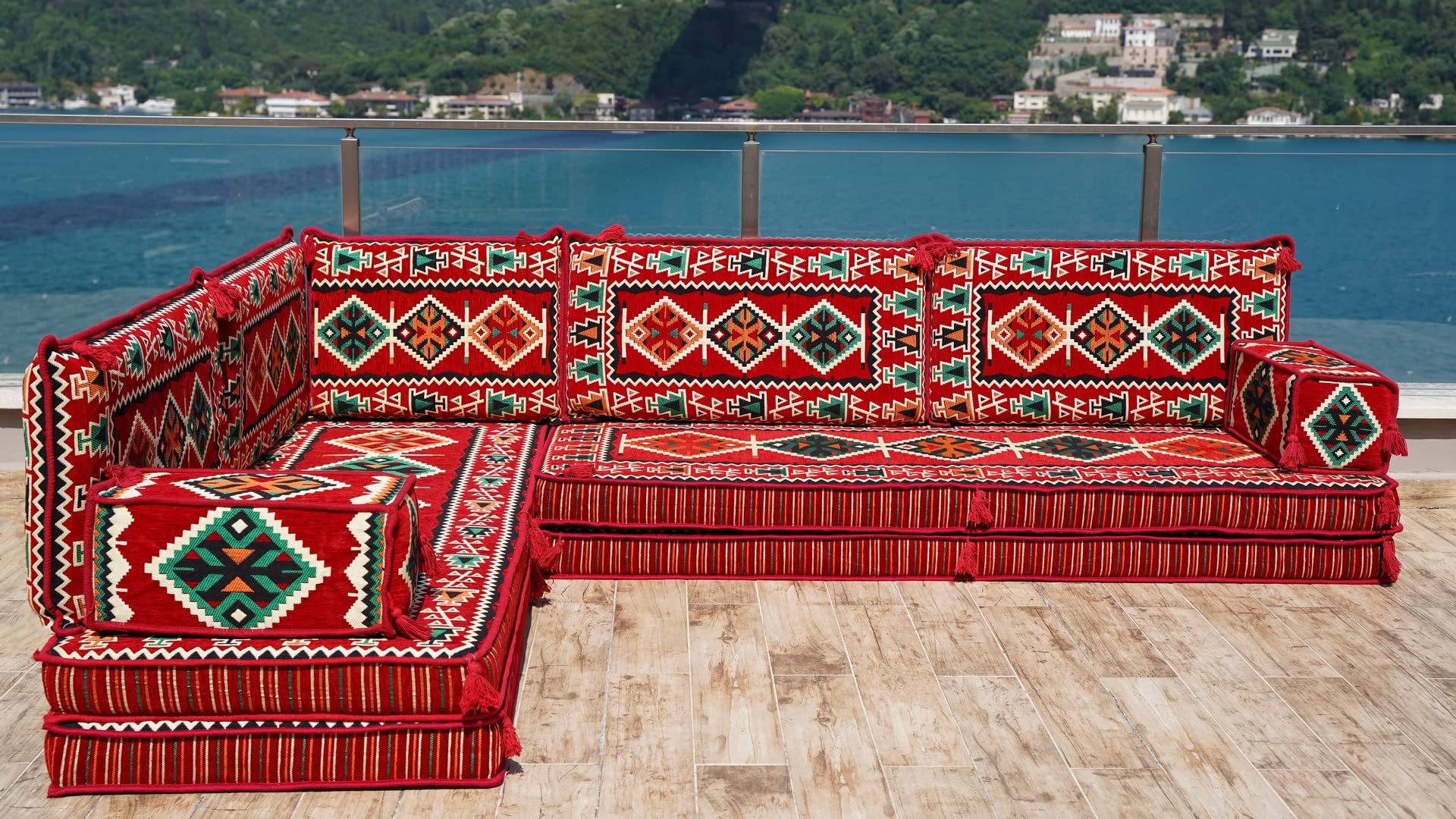 Premium Red L-Shaped Pallet Cushions - Arabic Floor Sofa Set with Oriental Design - Comfortable Sectional Floor Seating - Soft Indoor Floor Pillows for Living Room, Lounge & Meditation - (L Sofa Only)