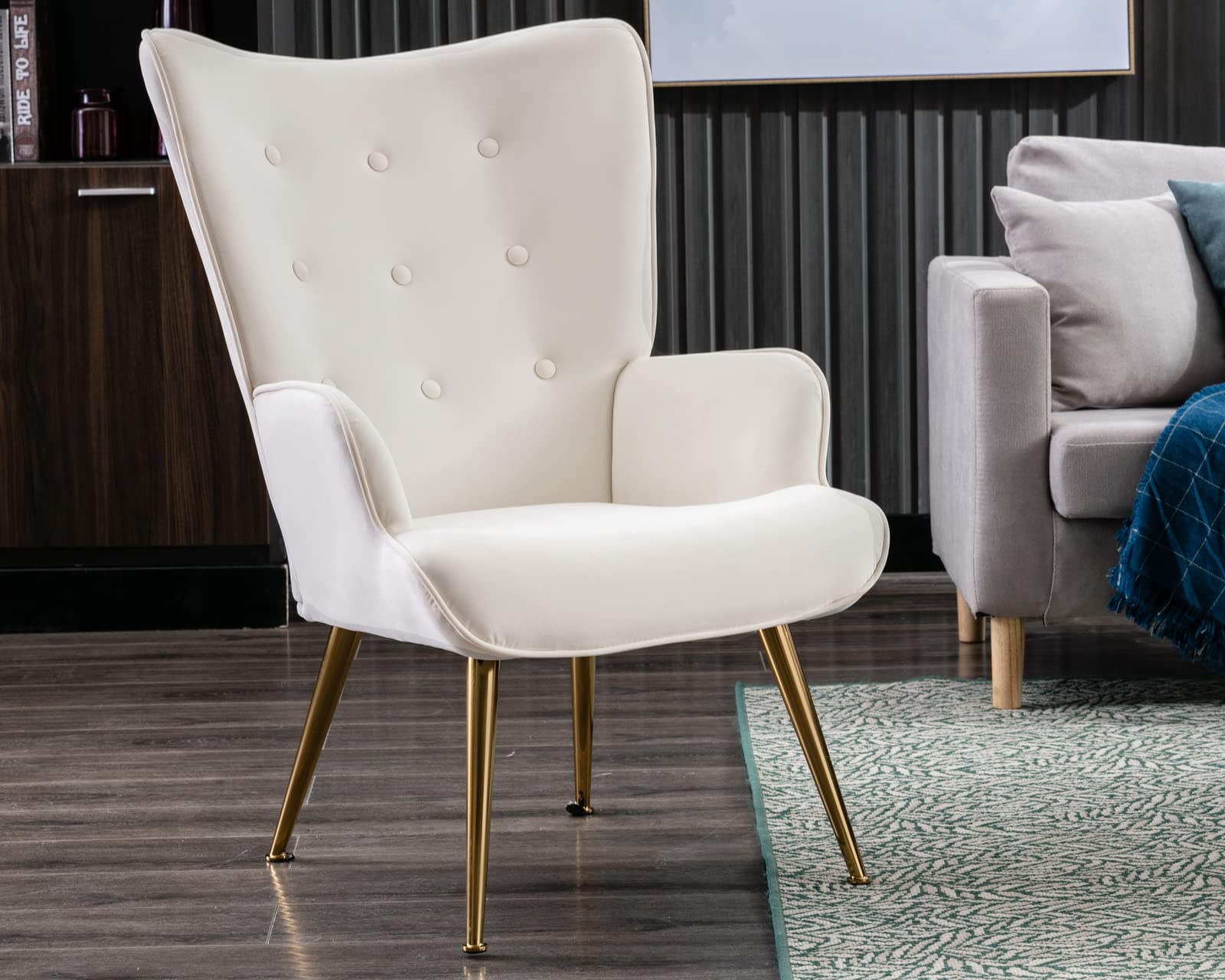Luxury Tufted Velvet Accent Chair - Modern Wingback Armchair with Padded Seat & Golden Metal Legs for Bedroom, Living Room, Office Waiting Area - Cream Velour Upholstered Reading Chair for Home Decor & Relaxation