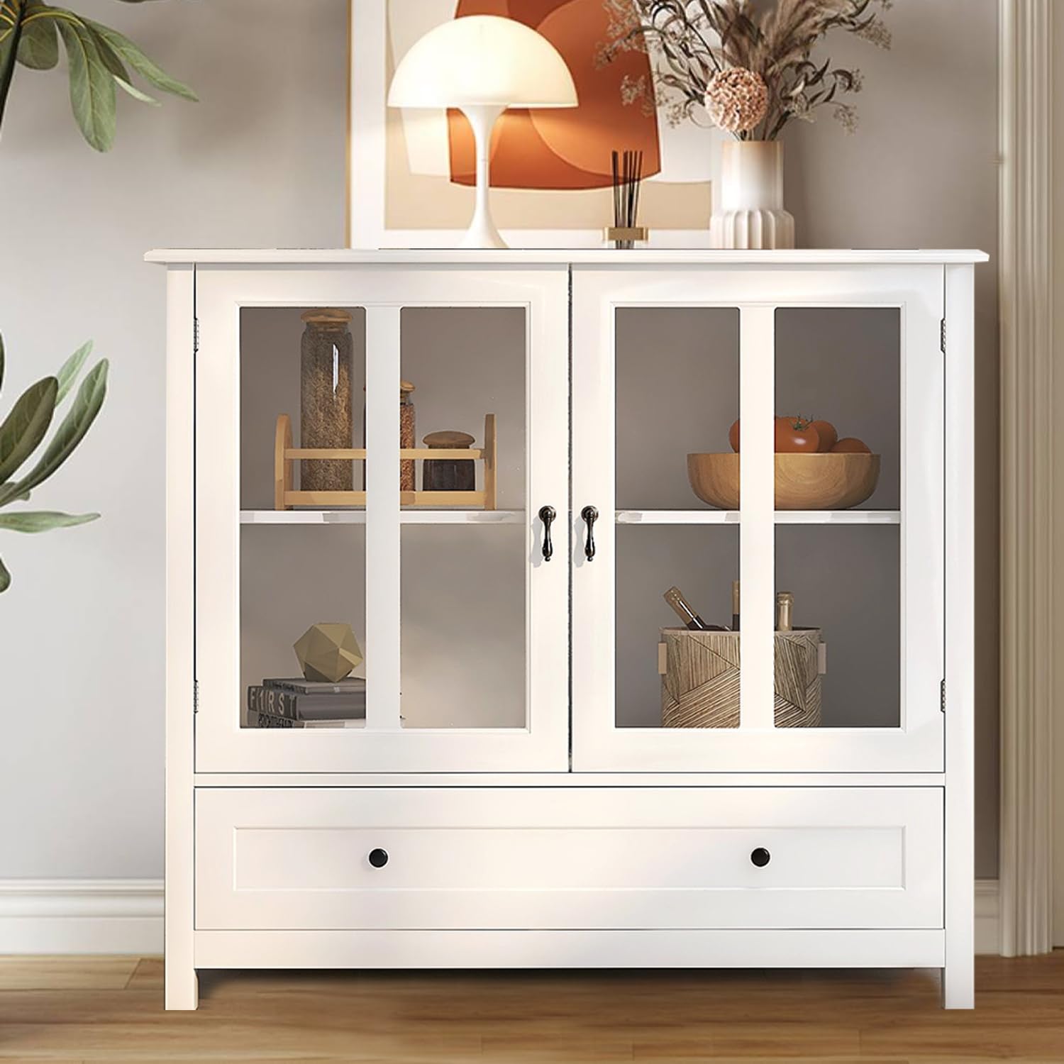 Henf Kitchen Sideboard Buffet Storage Cabinet - Freestanding Floor Cupboard with Double Glass Doors, Drawer & Adjustable Shelves | Perfect for Dining Room, Kitchen Storage & Home Organization | Ideal for Storing Dishes, Linens & Serving as Buffet Table