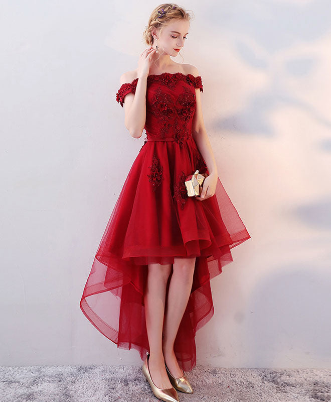 Elegant Burgundy High-Low Tulle Lace Prom Dress with Long Train - Formal Evening Gown for Homecoming, Quinceañera & Special Occasions
