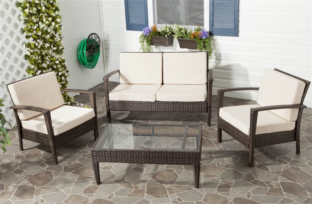 Safavieh Outdoor Collection Piscataway 4-Piece Wicker Patio Set in Brown, Beige & Linen Grey - Perfect for Garden, Backyard & Poolside Relaxation
