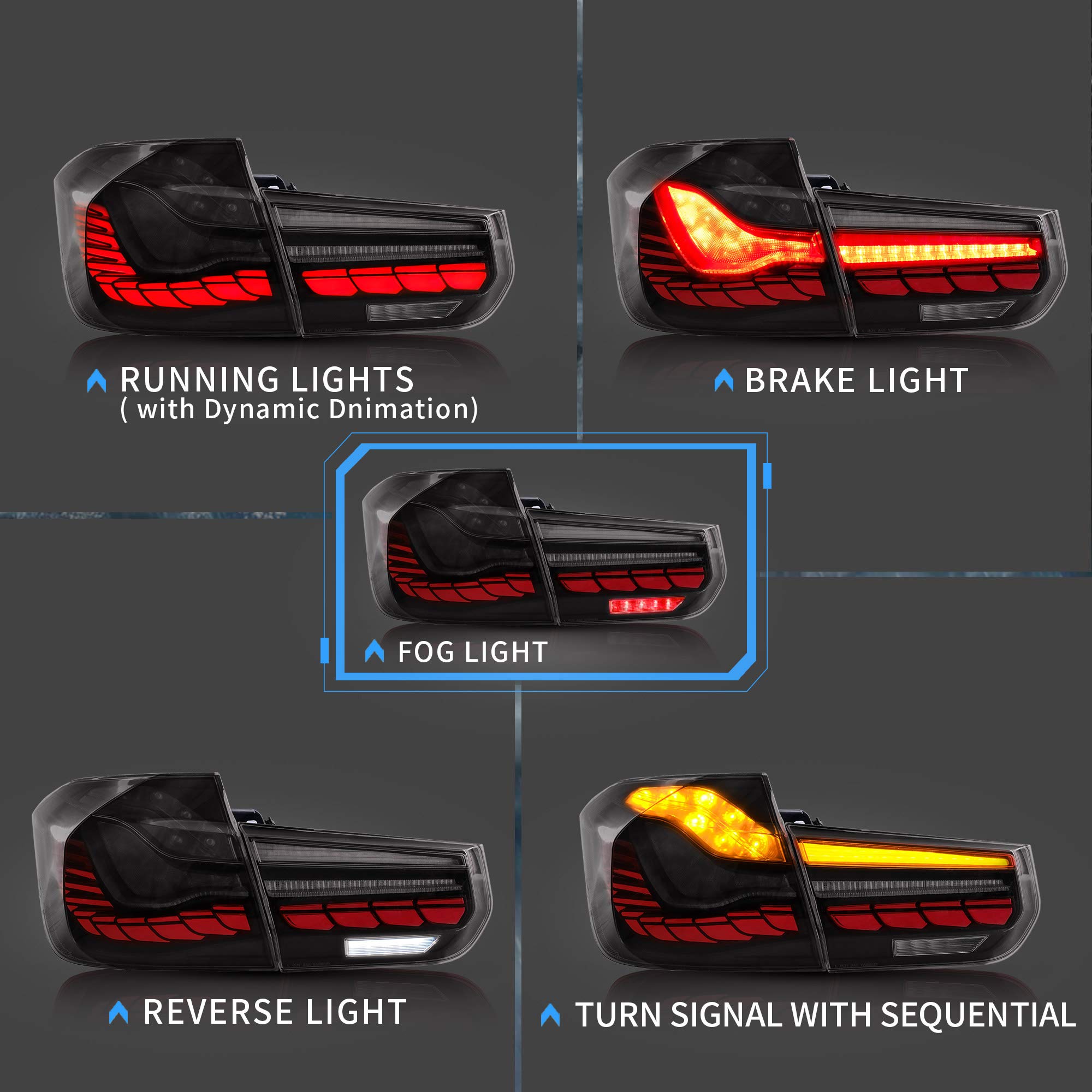 VLAND OLED Tail Lights for BMW 3-Series F30 F35 F80 Sedan 2013-2018 - Smoked Lens with Amber Sequential Turn Signals & Red 3D Dynamic Animation Lighting | Premium Aftermarket Upgrade for Enhanced Night Visibility and Style