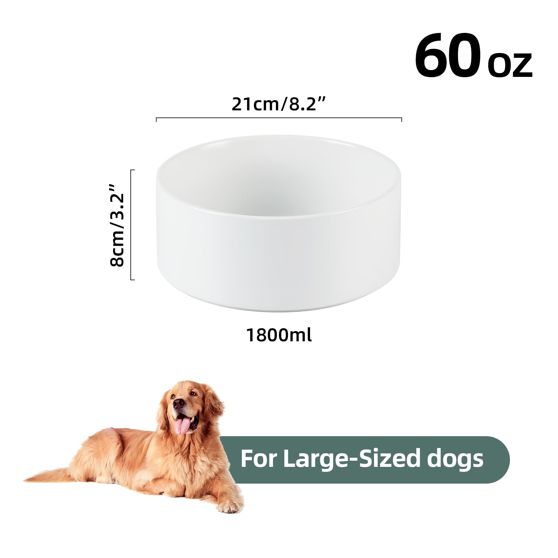 Non-Slip Ceramic Dog Food and Water Bowl for Large Dogs - 8 Inch White Pet Dish with Spine Protection - Perfect for Mealtime, Travel & Home Use