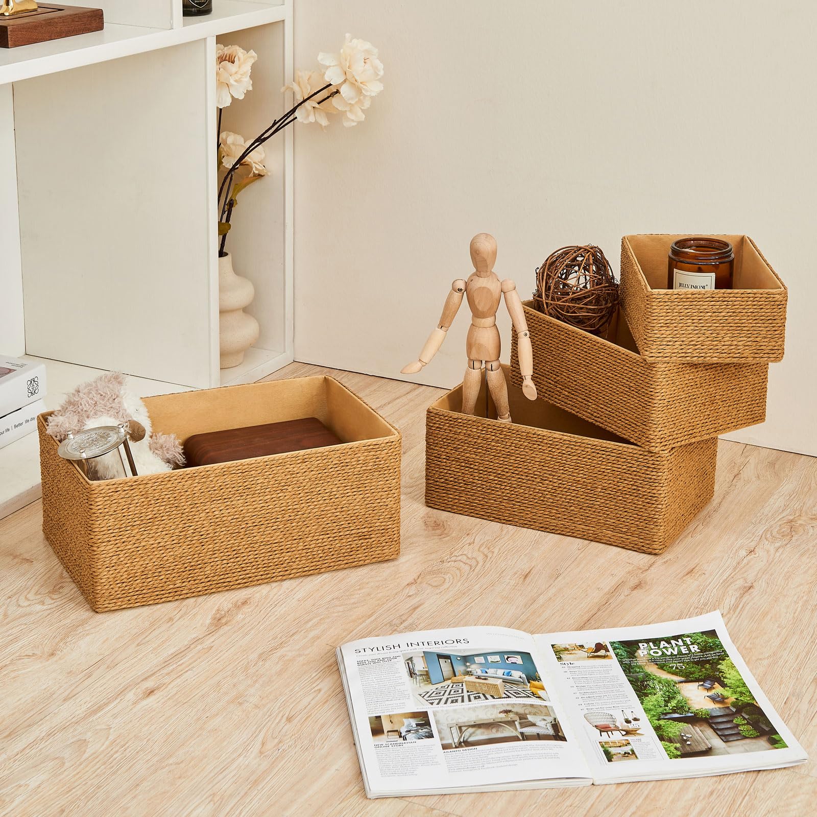 PROLAND 4-Pack Recycled Wicker Storage Baskets - Eco-Friendly Paper Rope Organizing Bins for Shelves, Cupboards & Drawers - Small Woven Decorative Baskets for Home, Office & Bathroom Organization