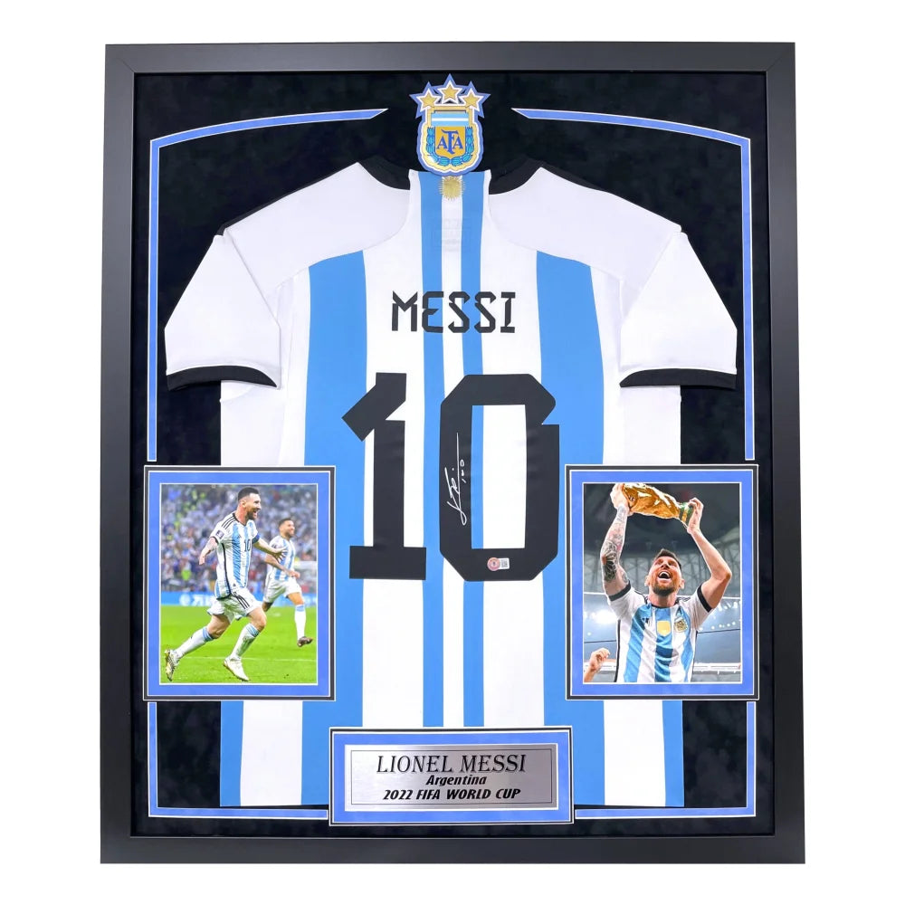 Lionel Messi Autographed Argentina 2022 World Cup Jersey - Framed with BAS Certificate - Perfect for Sports Memorabilia Collectors & Football Fans Display