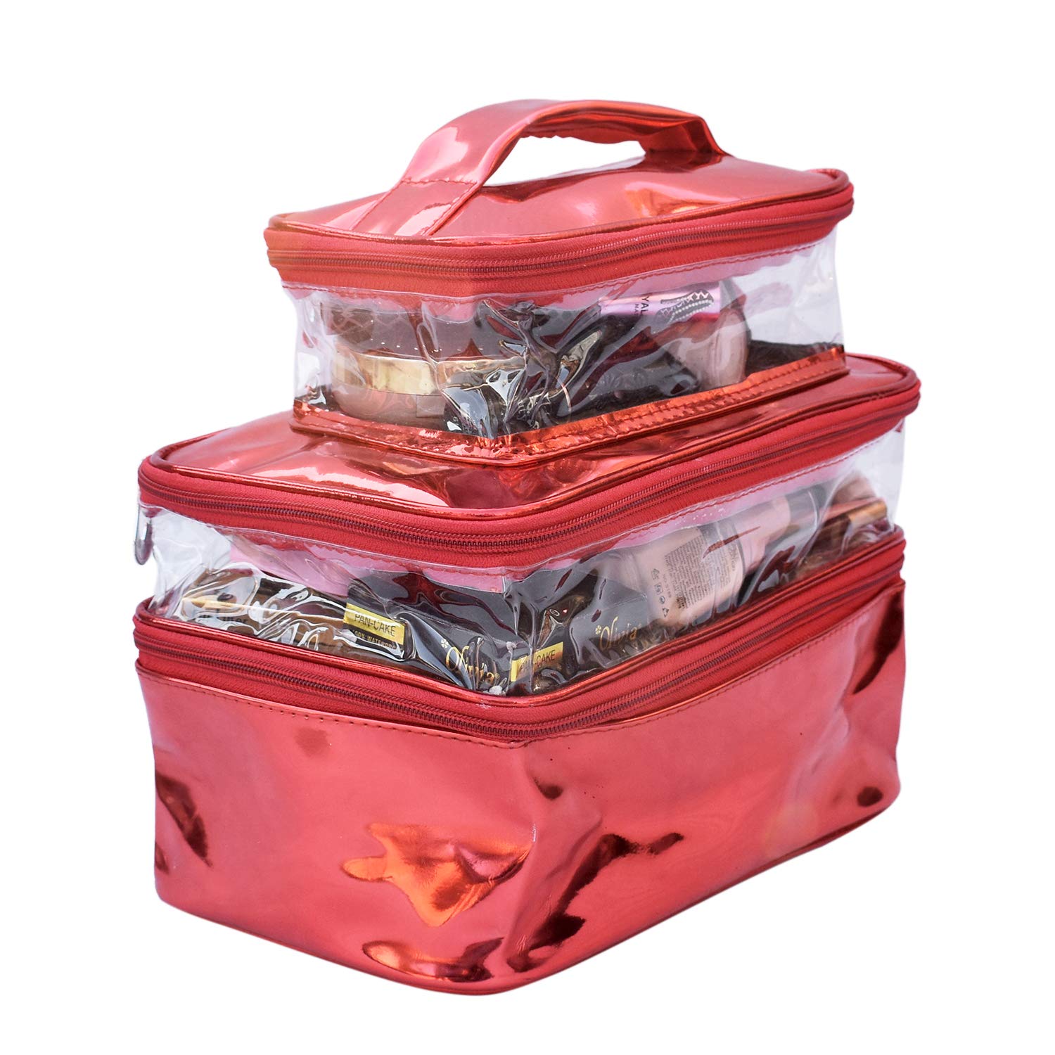 NA PURSE Red Makeup Box Cosmetic Bag & Pouch (3-Fold) - Travel Organizer for Cosmetics, Toiletries, Jewelry | Perfect for Women's Handbag, Gym, Vacation Essentials