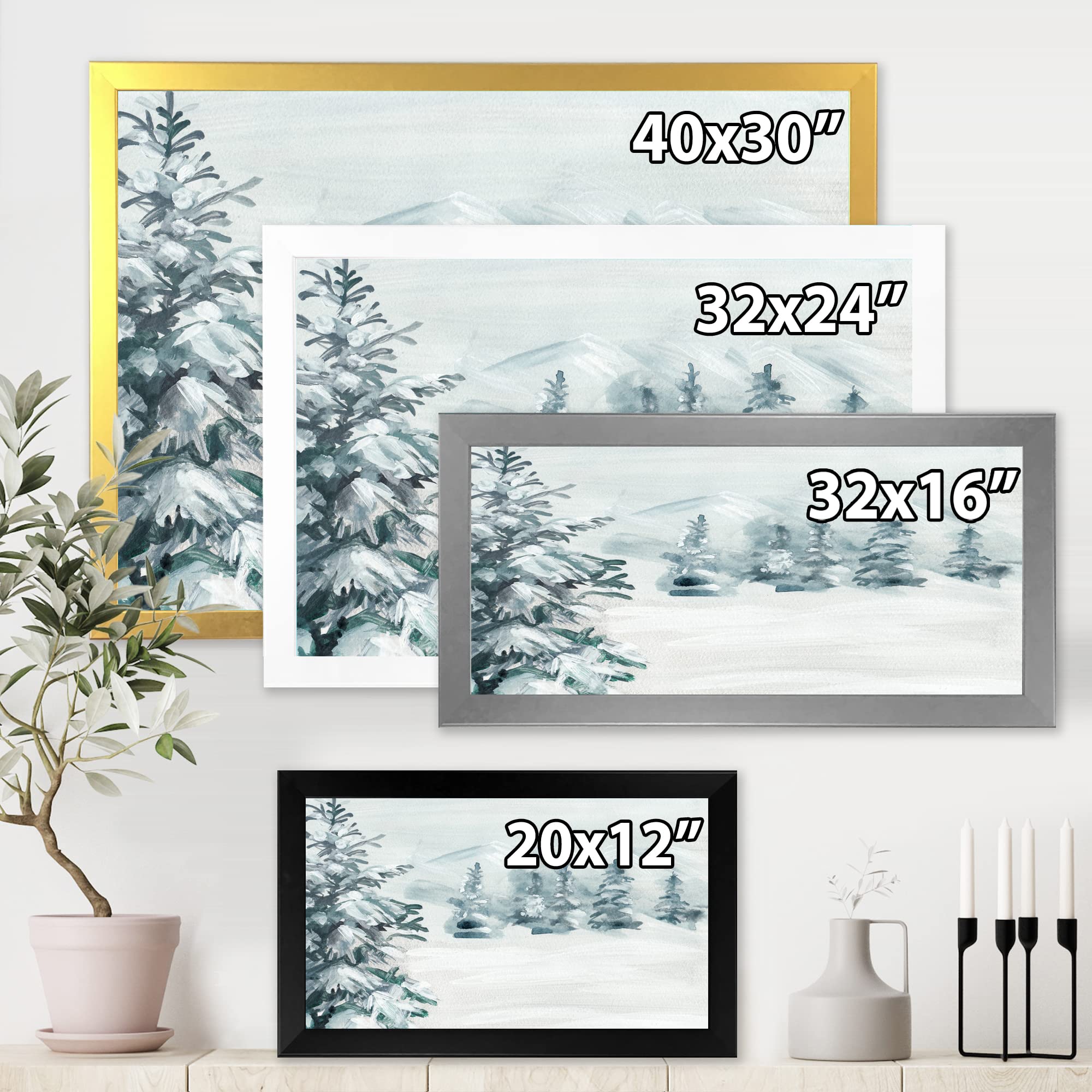 DesignQ Snowy Pine Trees Traditional Framed Wall Art - Winter Landscape Canvas Painting for Living Room, Bedroom & Office Decor