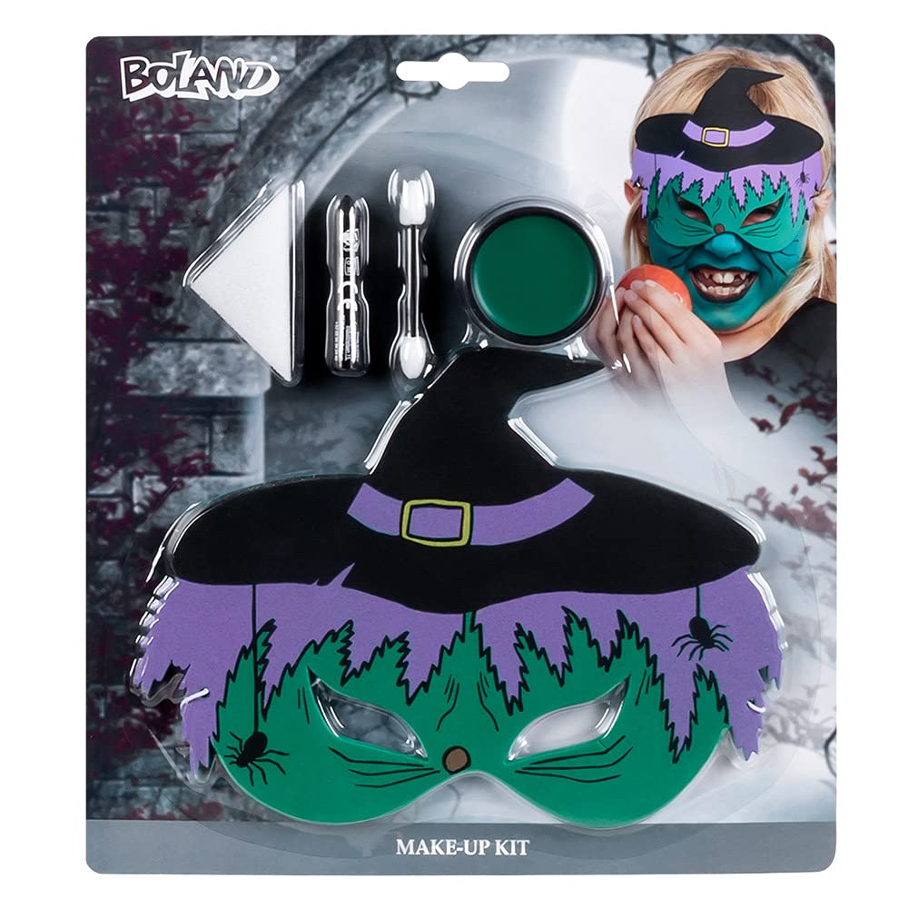 Boland 45097 Halloween Makeup Kit - Little Witch Costume Set (Includes EVA Eye Mask, Fat Make-Up Stick, Make-Up Pen, Sponge & Applicator) | Unisex Kids Face Paint for Halloween Parties, Dress-Up & Cosplay | Multi-Color One Size Fits All
