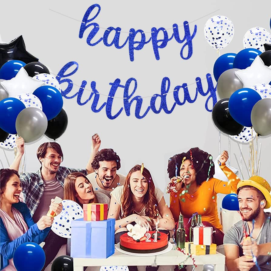 BEISHIDA Blue Happy Birthday Banner - Pre-Strung Glitter Party Garland - Ready to Use Birthday Decorations for Parties, Baby Showers & Celebrations - No DIY Required