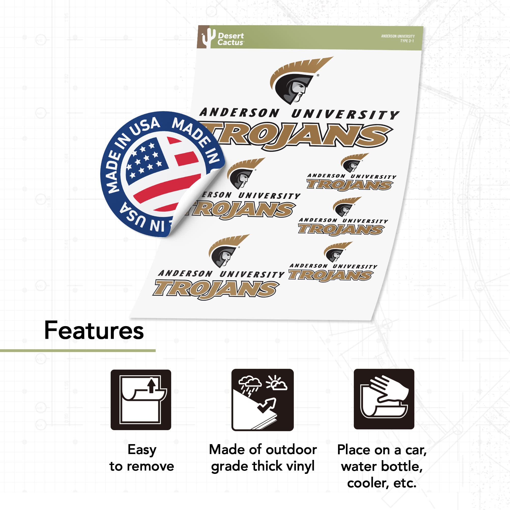 Desert Cactus Anderson University Stickers - Vinyl Decals for Laptop, Water Bottle, Car & Scrapbook - Trojan Pride Decoration - Perfect for Dorm Room, School Spirit & Fan Gifts