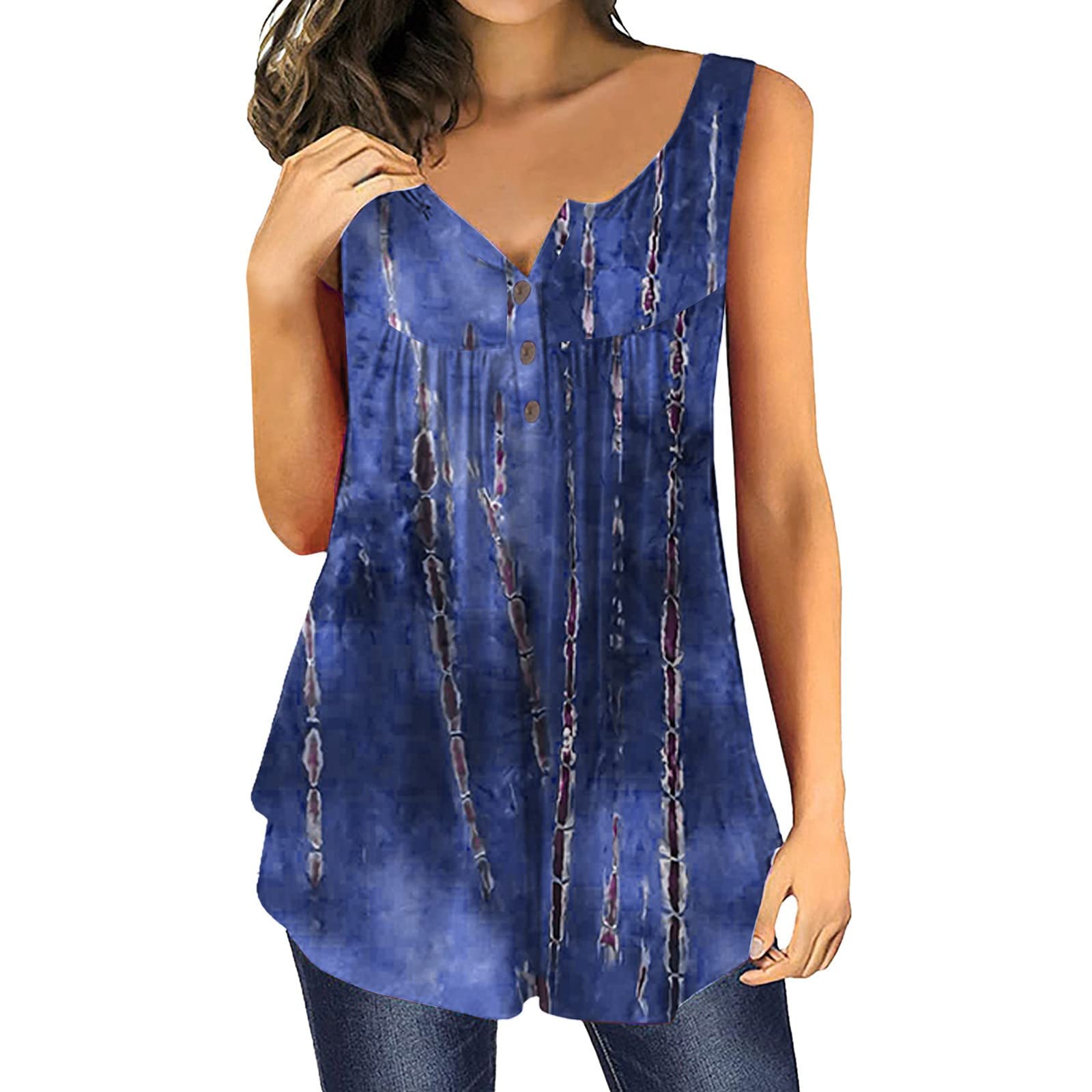 Women's Sleeveless Floral Print Pleated Tunic Tank Top - Summer Casual Loose Flowy Henley Neck Vest for Beach, Travel & Everyday Wear