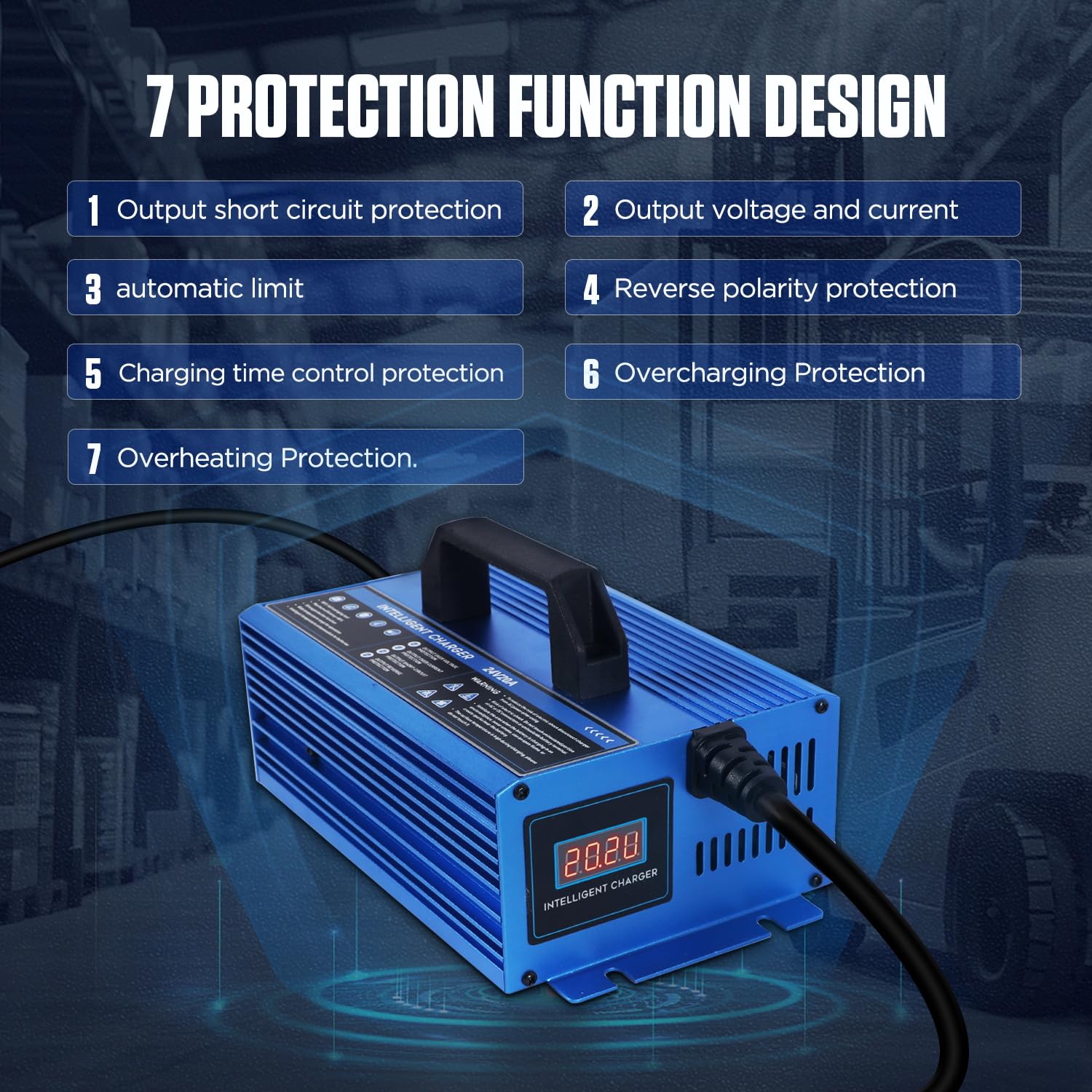 24V 20A Smart Forklift Battery Charger - Fully Automatic LCD Charger for 100AH-200AH Lead-Acid Batteries with Cooling Fan & 7 Protections - Perfect for Warehouses, Logistics & Industrial Equipment Charging