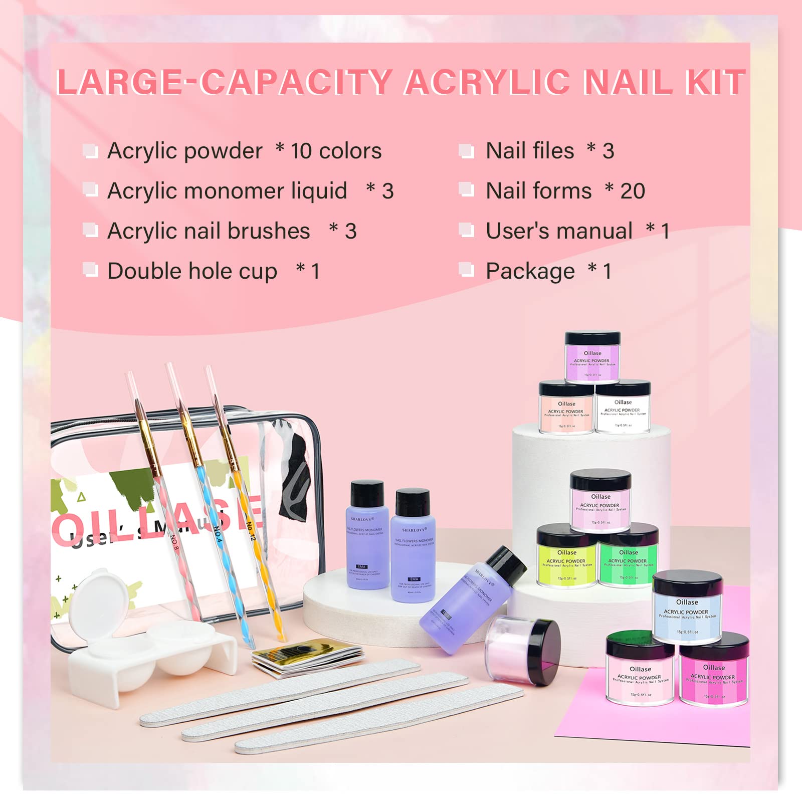 Professional Acrylic Nail Kit for Beginners - 10 Color Powder Set with Brushes | Nail Extension & Manicure Supplies for Salon & Home Use