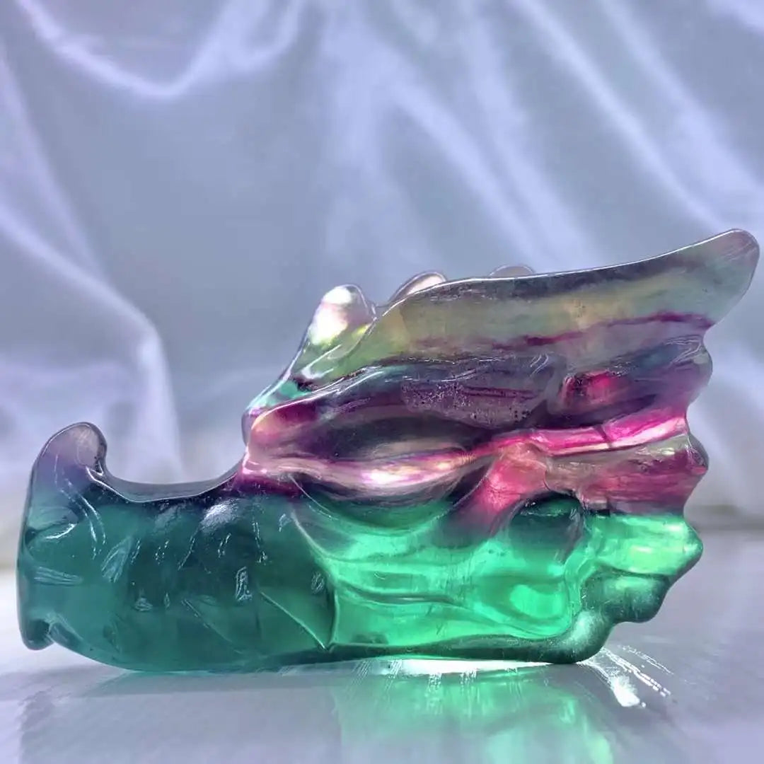 10cm Rainbow Macaron Fluorite Crystal Dragon Head Skull Carving - Natural Mineral Specimen for Home Decor, Meditation & Feng Shui Healing Stone