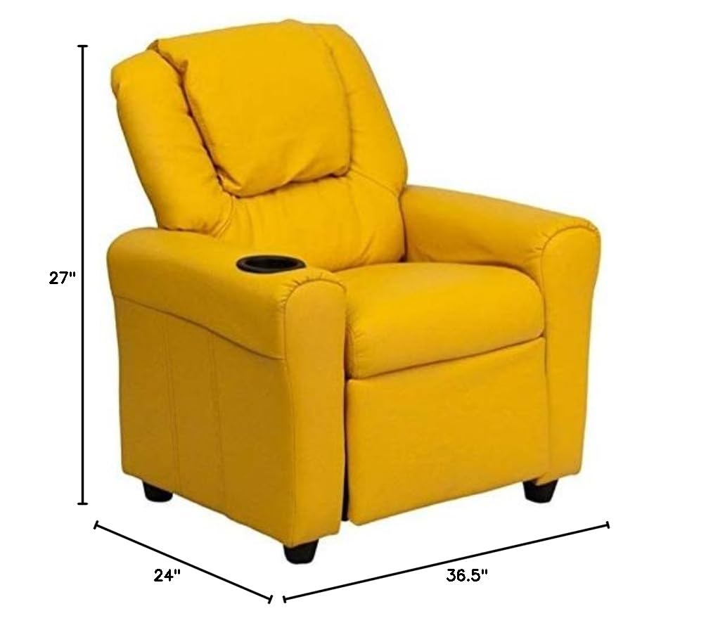 BOWERY HILL Modern Kids Recliner Chair with Cup Holder - Soft Vinyl Upholstery, Yellow - Perfect for Playrooms, Bedrooms & Movie Nights