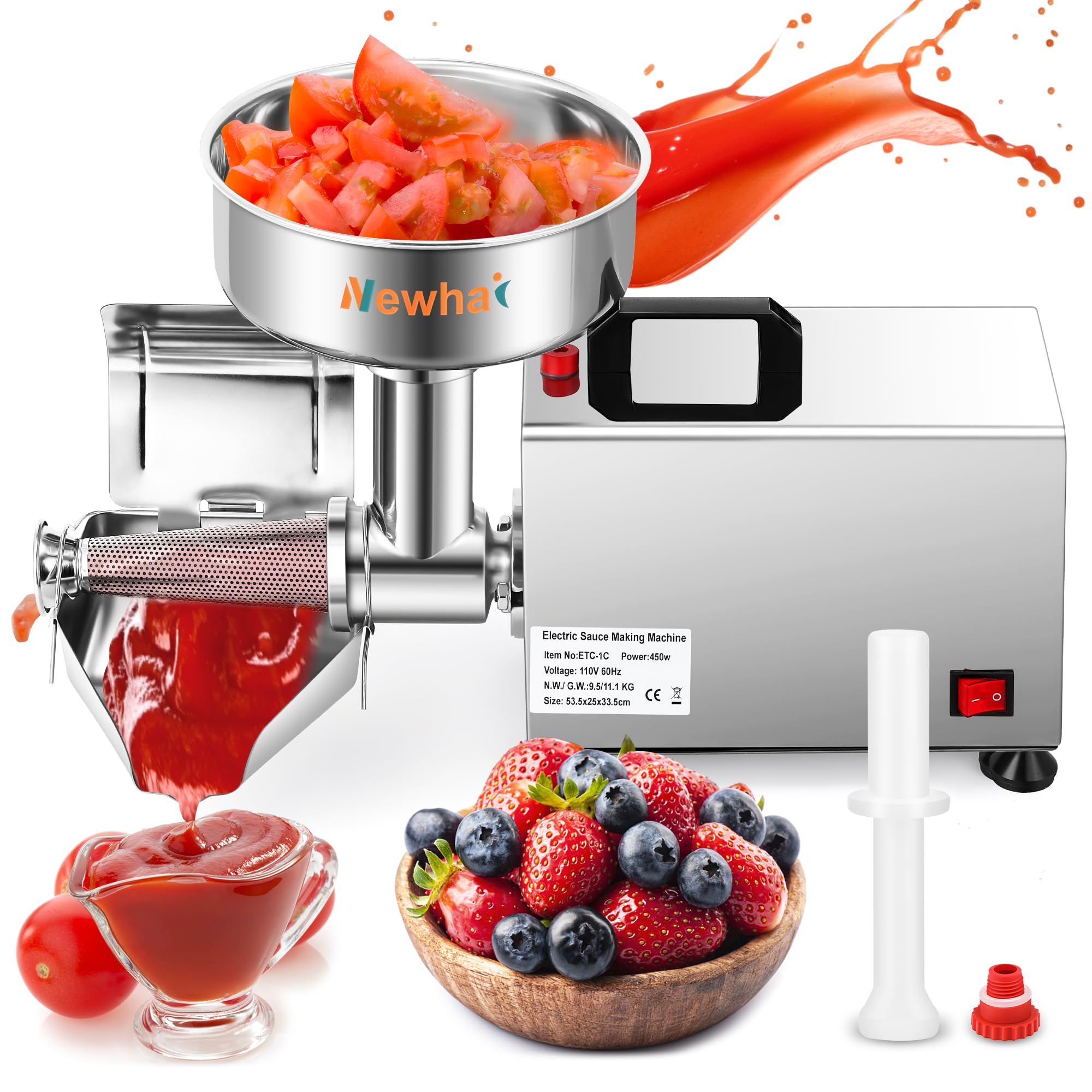 Newhai 450W Electric Tomato Strainer - Professional Grade Kitchen Tool for Making Sauces, Purees & Juices - Perfect for Home Canning, Italian Cooking & Restaurant Use