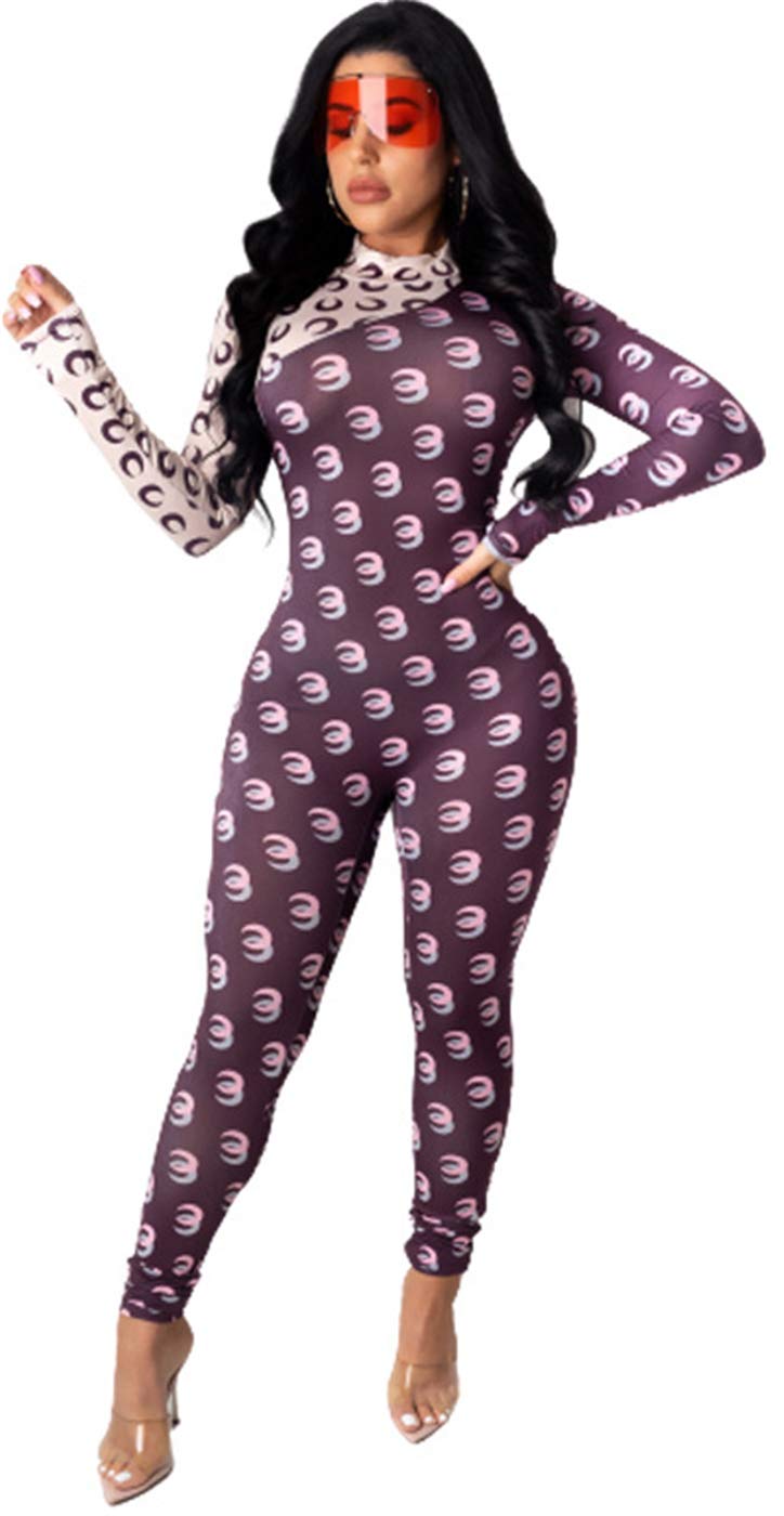 Sexy Long Sleeve Turtleneck Bodycon Jumpsuit for Women - Printed Paneled Clubwear & Party Outfit - Perfect for Nightclub, Date Night and Special Occasions