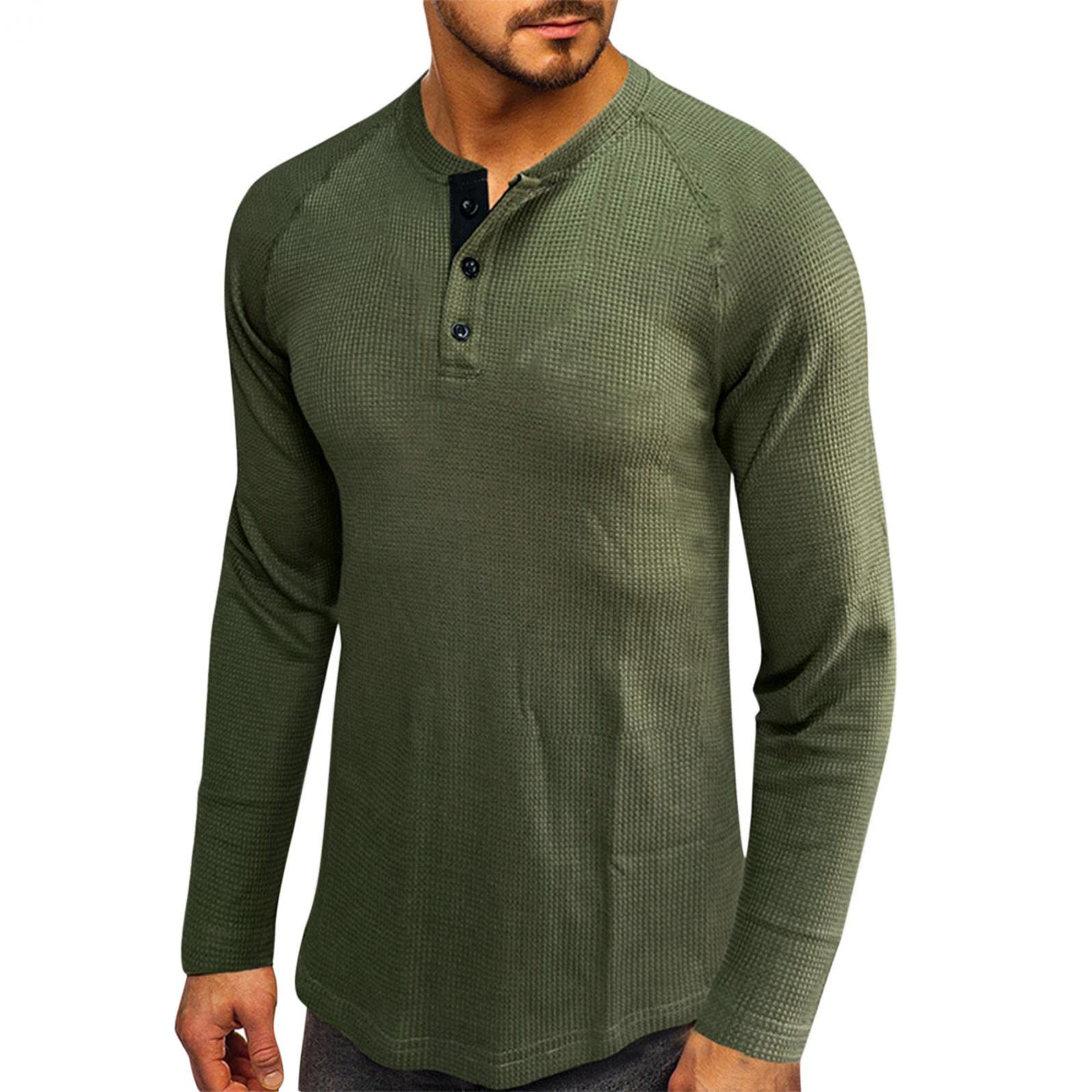 Men's Waffle Henley Shirt - Casual Long Sleeve Knit T-Shirt | Regular Fit Stylish Solid Color Top for Everyday Wear & Outdoor Activities