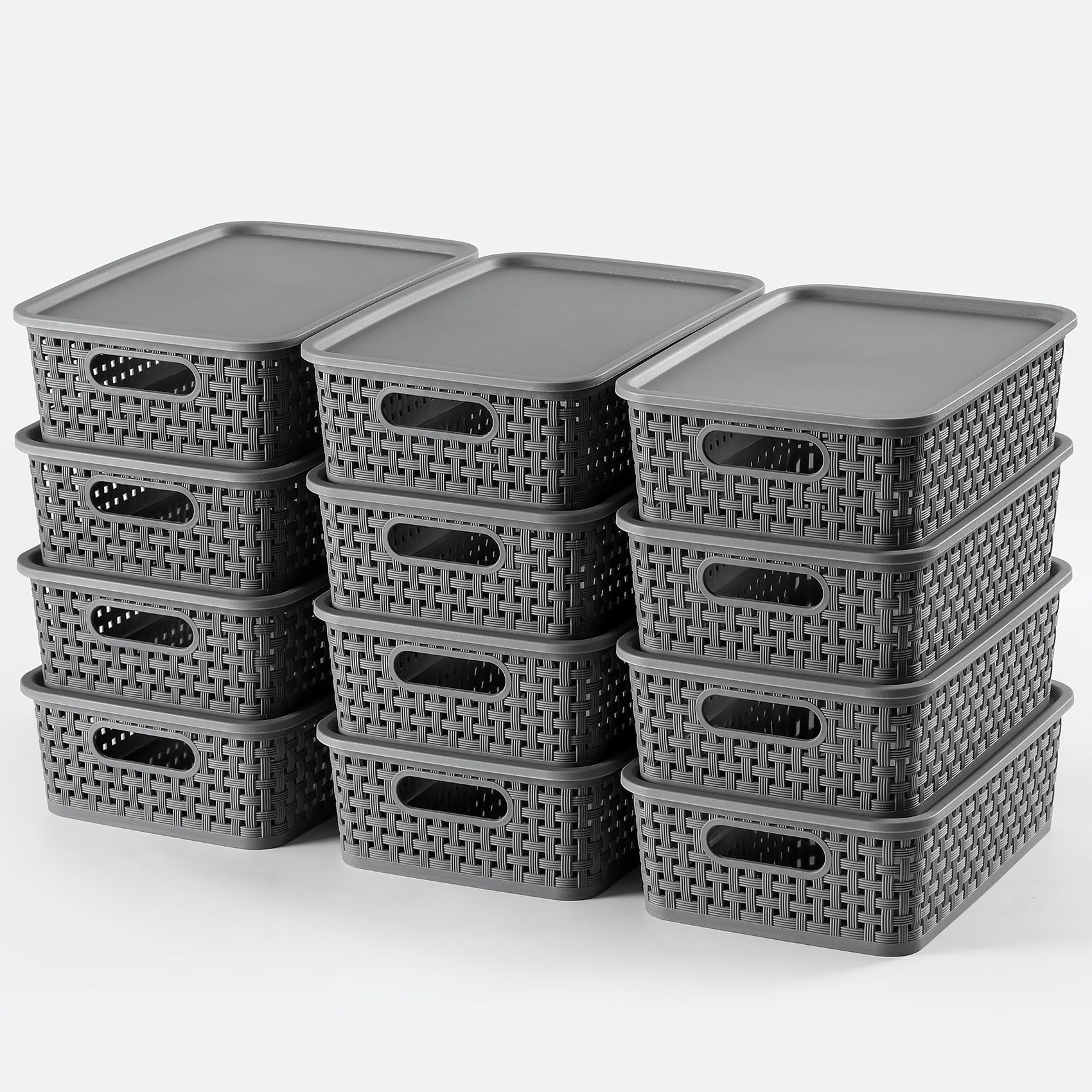 12 Pack Plastic Storage Baskets with Lids - Stackable Small Pantry Organizer Bins for Kitchen Cabinets, Countertops, Drawers & Shelves - Perfect for Bathroom Under Sink Storage & Home Organization (Gray)