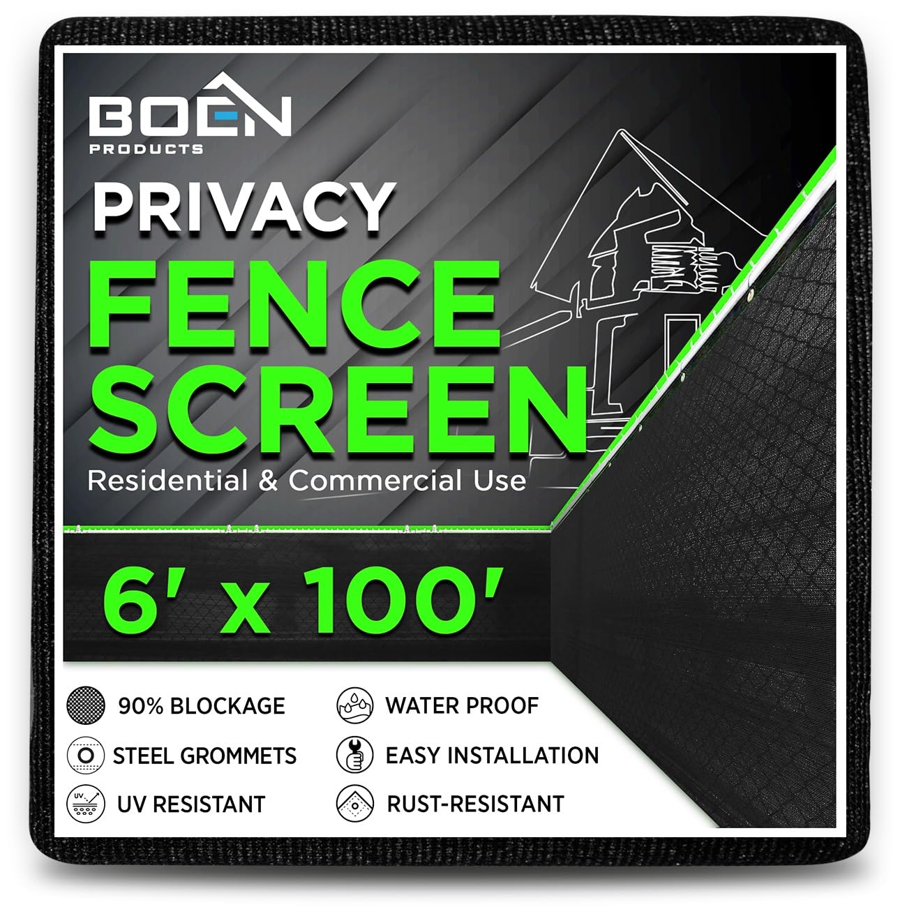 Boen 6' x 100' Black Outdoor Privacy Screen Fence Cover for Metal, Chain Link, Wood & Plastic Fencing - Windproof Shade Solution for Backyard, Patio, Deck & Pool Area Privacy Protection