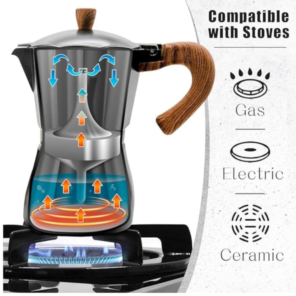 Stovetop 6 Cup Espresso Coffee Maker - Italian Moka Pot for Perfect Home Brewing | Ideal for Camping, Office & Kitchen Use