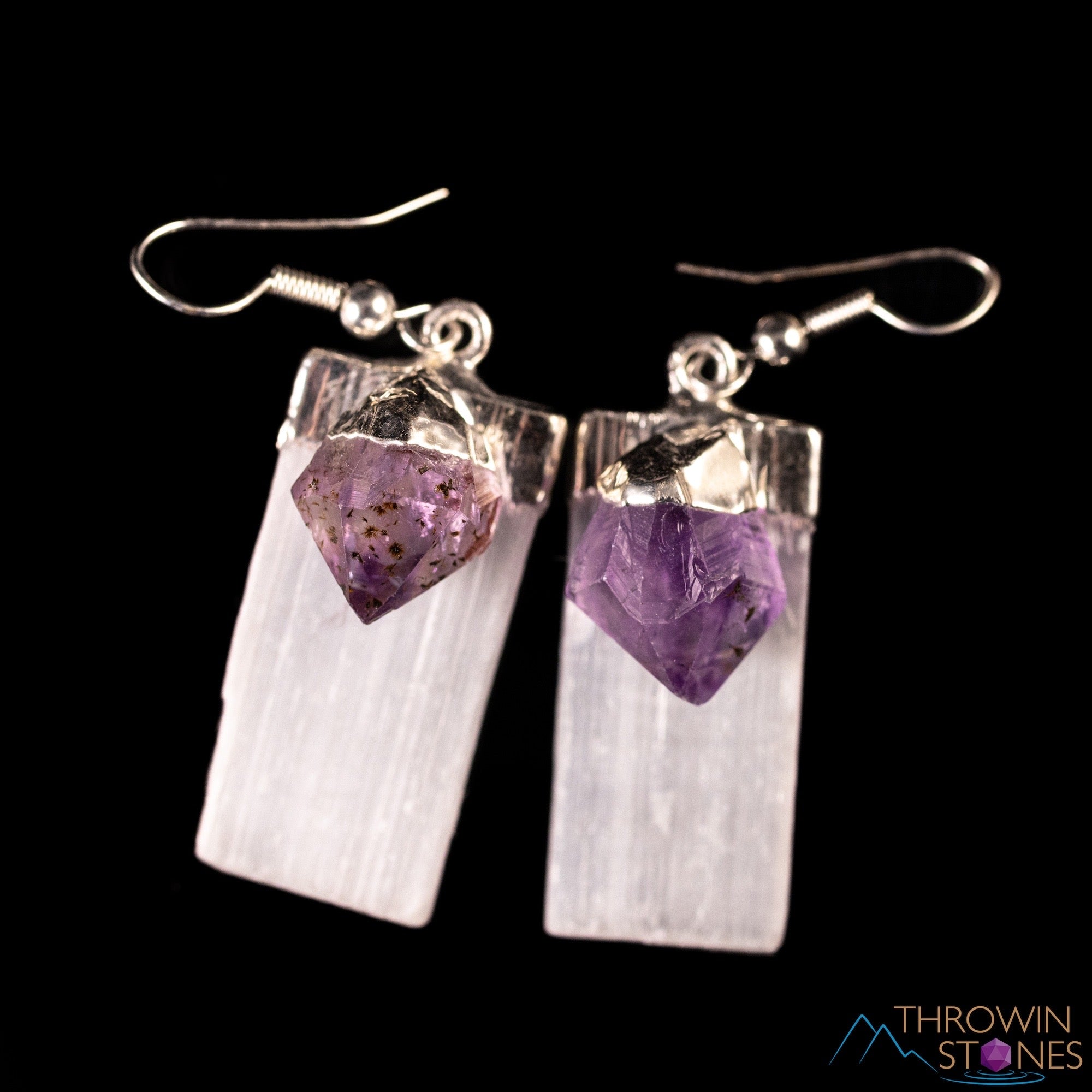 Natural Raw Amethyst & Selenite Crystal Dangle Earrings in Sterling Silver - Handmade Gemstone Jewelry for Women, Healing Crystal Earrings for Meditation & Spiritual Gifts
