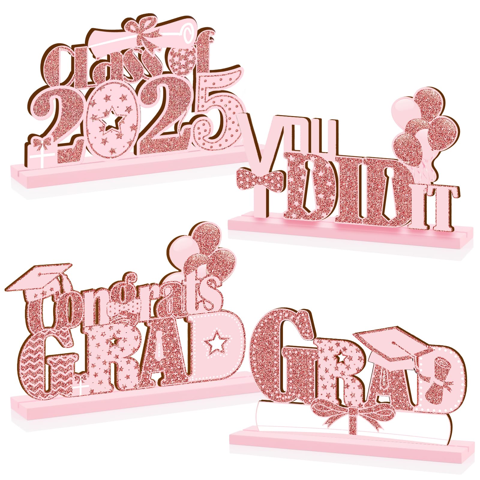 2025 Graduation Party Decorations - 4 Piece Wooden Class of 2025 Table Centerpieces Set - High School & College Grad Party Favors - Photo Booth Props - Rose Gold - Perfect for Graduation Ceremonies, Open Houses & Celebration Decor
