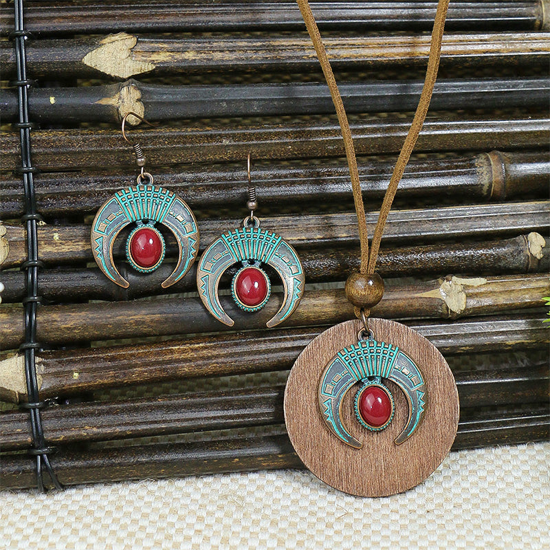 Vintage Turquoise Inlaid Crescent Earrings and Bohemian Ethnic Necklace Set – Perfect for Boho Chic Outfits, Festivals, and Layered Jewelry Looks