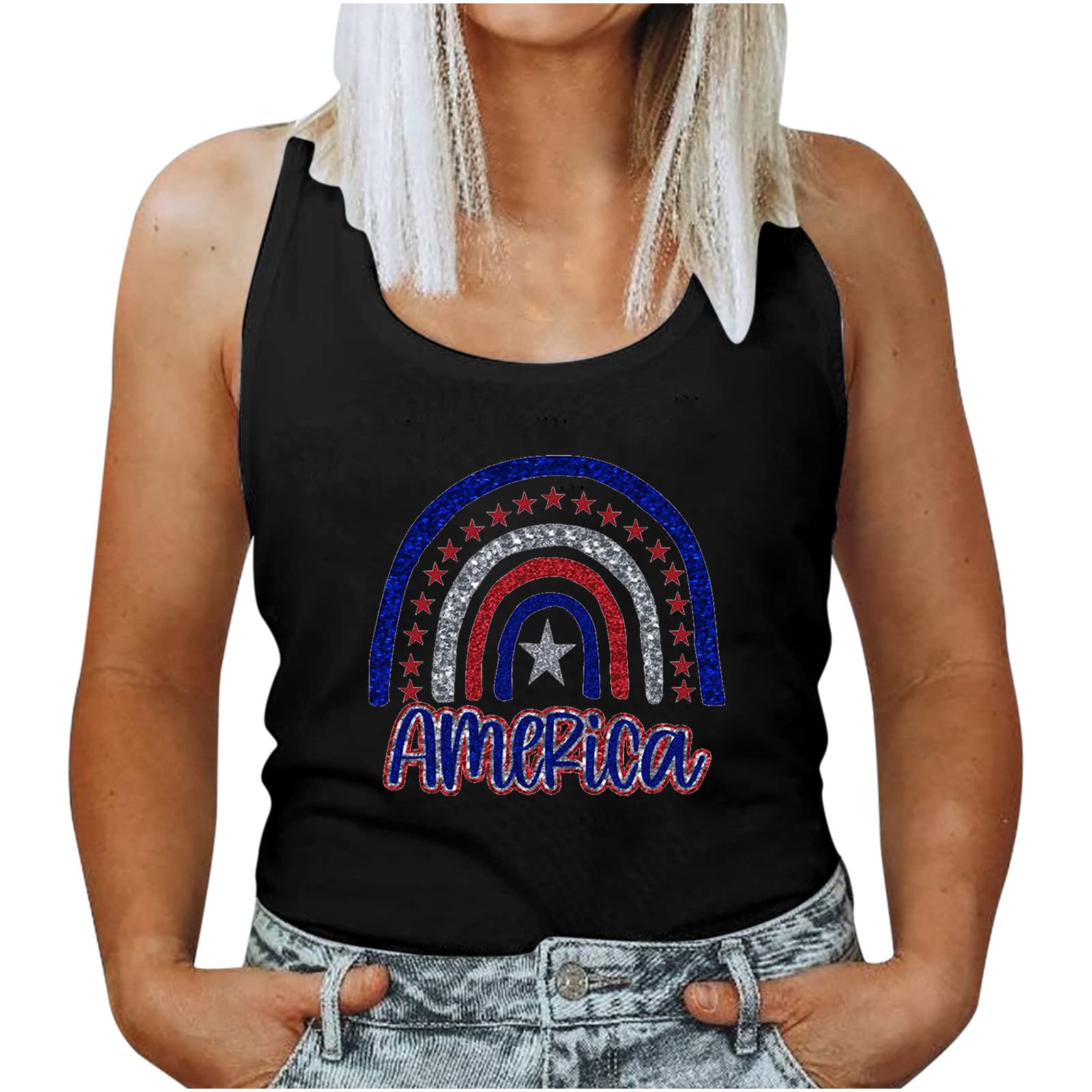 Women's Summer Tops - Round Neck Sleeveless Loose Vest with Patriotic Independence Day Print | Casual Comfort for Beach, BBQ & 4th of July Celebrations